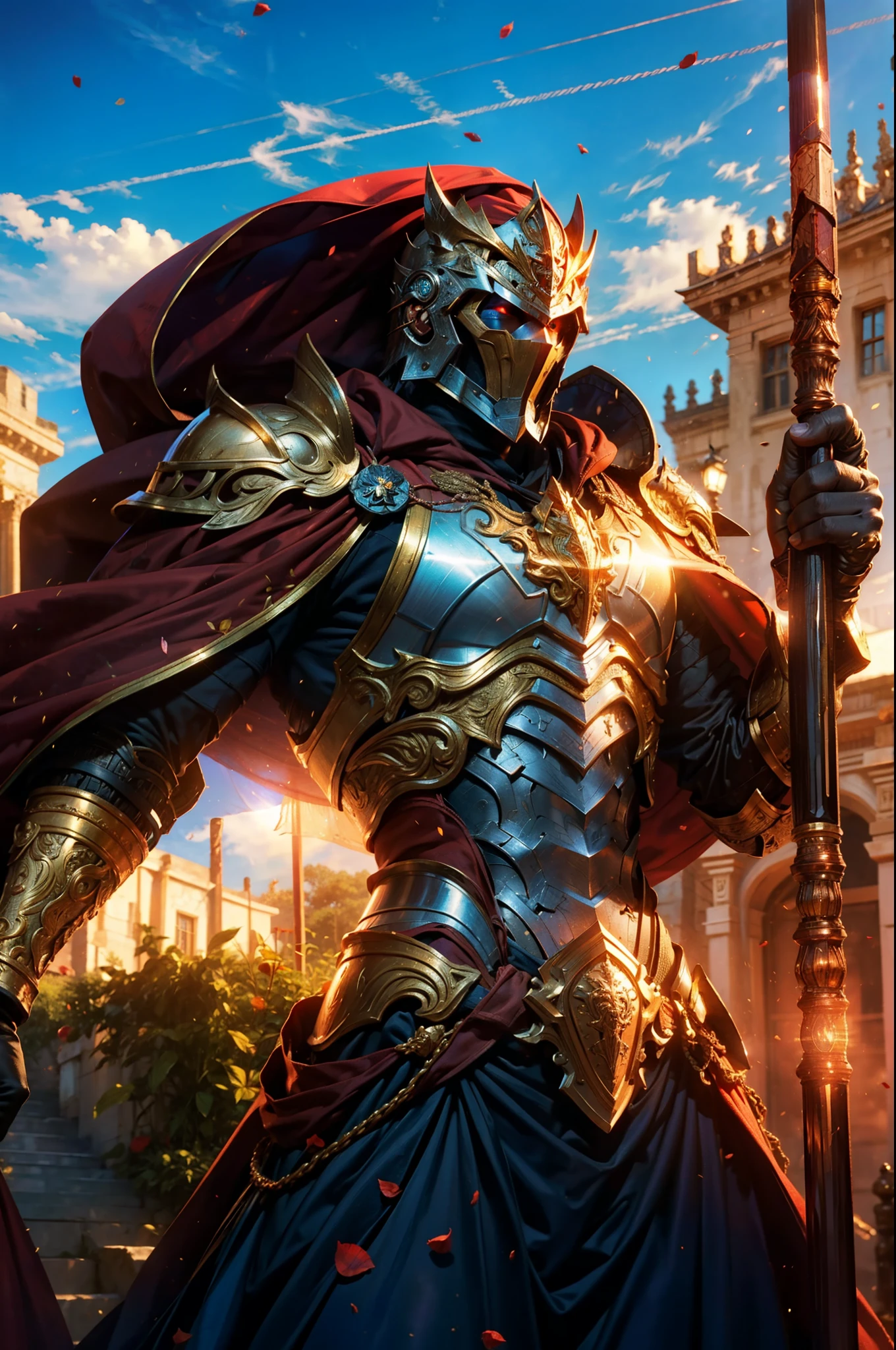 （（Equipped with an oversized and heavy scepter）），Bronze rustic and heavy armor，Extra thick helmet，The armor has intricate patterns，（（The mask is smooth）），Wrap the whole body，（（Red cape）），（（Beautiful royal knights）），Beautiful face，Half-body view，（（Pillar of light）），（（feater）），（（（Rose petals fall：1.4））），frontage，Works of masters，detail in face，super-fine，16K resolution，high qulity，电影灯光，High picture detail，Positive perspective，Detailed pubic hair，Epic shooting，oc rendered，tmasterpiece，best qualtiy，high qulity，k hd，High-quality textures，High-quality shadows，high detal，realisticlying，cinematric light，Sideslit，lens flare glow，Ray traching，Sharp focus，