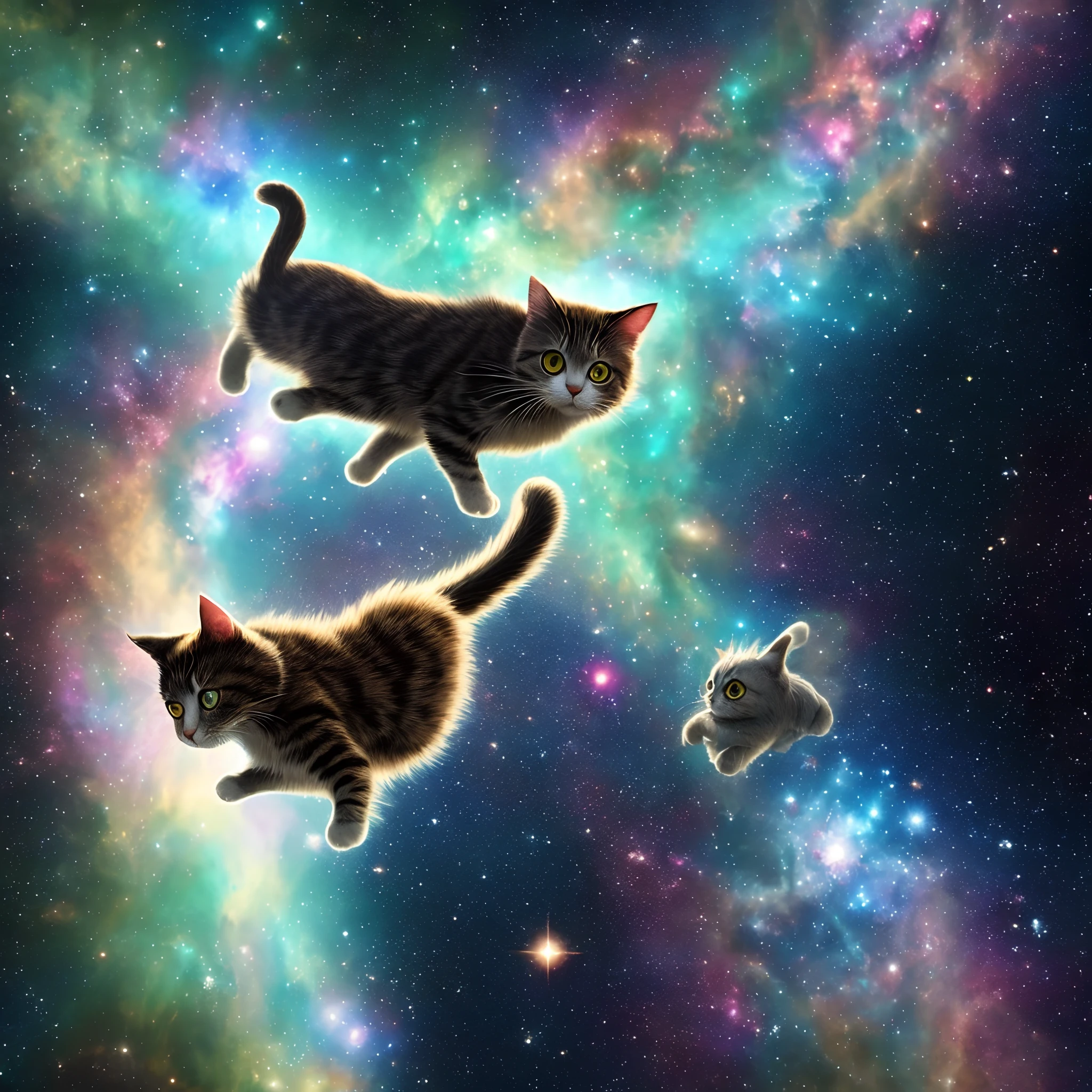 One person flies。It's all around nebula,There is also a cat in his arms。