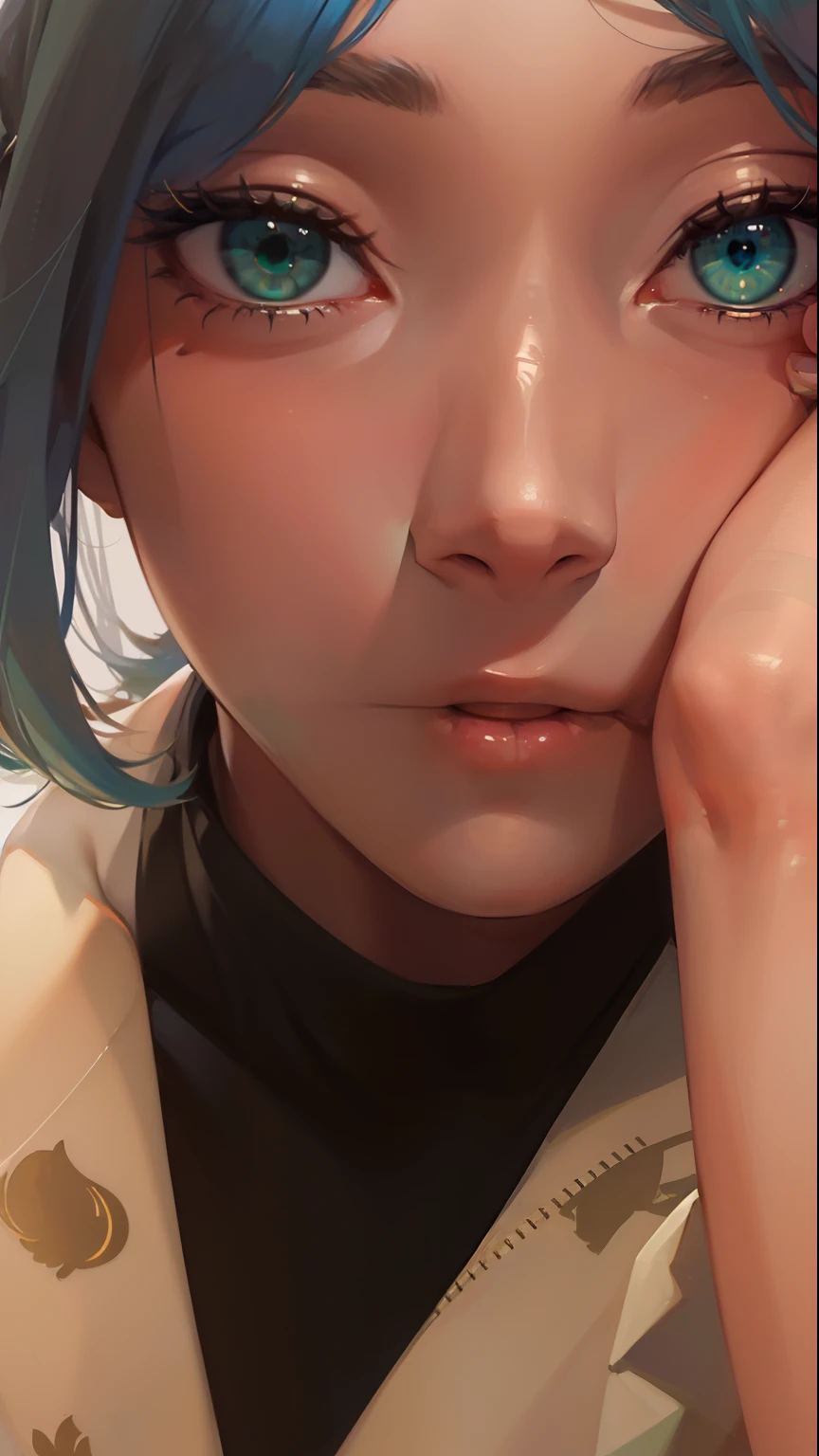 [(white background:1.5)::5], hexagon,masterpiece, (best quality), ((1girl)),young,upper body,((blue hair)),((green eyes)),(((hand between legs))),short hair,expressive hair,short kimono,perfect hands,game cg,absurdres, wallpaper, illustration