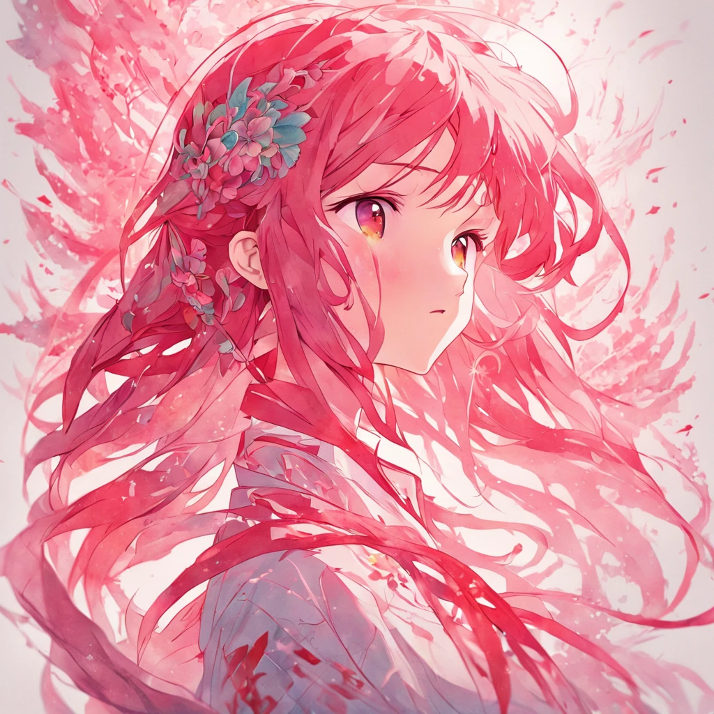 (White background:1.4),(Silhouette of a girl's head, Eyes closed, colorfull long hair, Oriental elements),(Chinese illustration:1.3,paper art:1.3, Quilted paper art:1.2),( reasonable design, Clear lines, High sharpness,Best quality, Very detailed, Masterpiece, movie light effect, 4K )(A young girl, Flowing pink hair: 0.7) (Wear a white school uniform with red accents: 0.6) (Her eyes shone with determination and strength:0.9