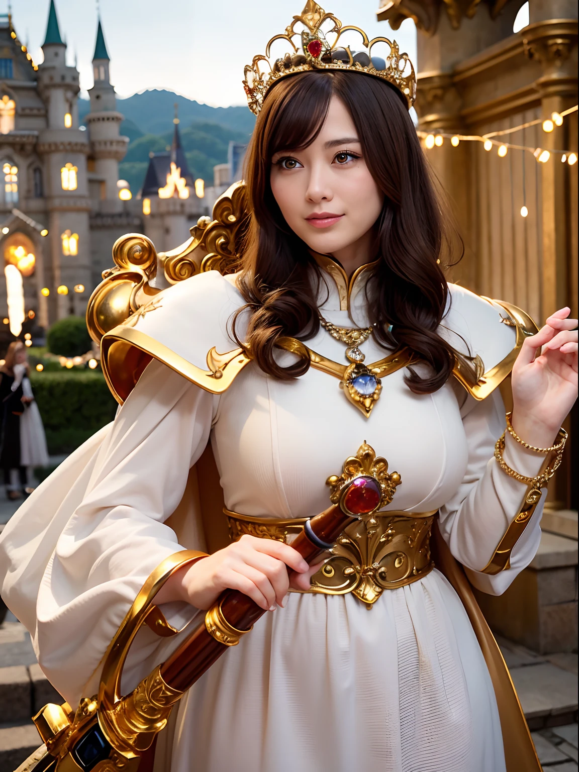 Professional , masterpiece、top-quality、photos realistic , depth of fields (Gemstone Silver Metal Body:1.9),(Matte yellow、Jewel Gold Weapon、(Gorgeous castle background)、(Jewel Metal Body:1.4),(Gorgeous Jewel Metal Weapons) , (Detailed Sword of the Brave) ,( ) ,warhammer 40k , adepta sororitas,Detail and ornate jewel crown、Brown hair、(Gangle's forest background)、1a person、dynamic ungle,(((Diamond tiara with detail and luxury)))、a small face、A smile、Powerful poses、(Gorgeous castle background)、huge filesize、20 year old beautiful woman、Stand in the center of the screen、Thin female fingers、Straight long hair、Beautiful Caucasian beauty、Mystical expression、Lightly open your mouth、,Luminescent particles,light scattering,Tindall Effect
