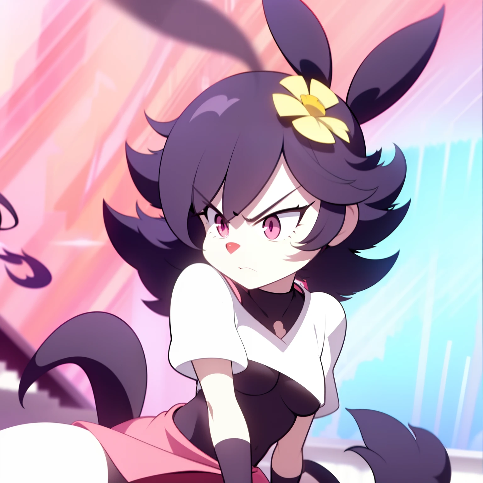 Dot Warner, 1girl, black sweater, pink skirt, furry, red nose, long ears, short hair, black hair, yellow flower, hair ornament, bangs, white gloves, body fur, long tail, black eyes, white feet, black and white fur, perfect anatomy, shirtless