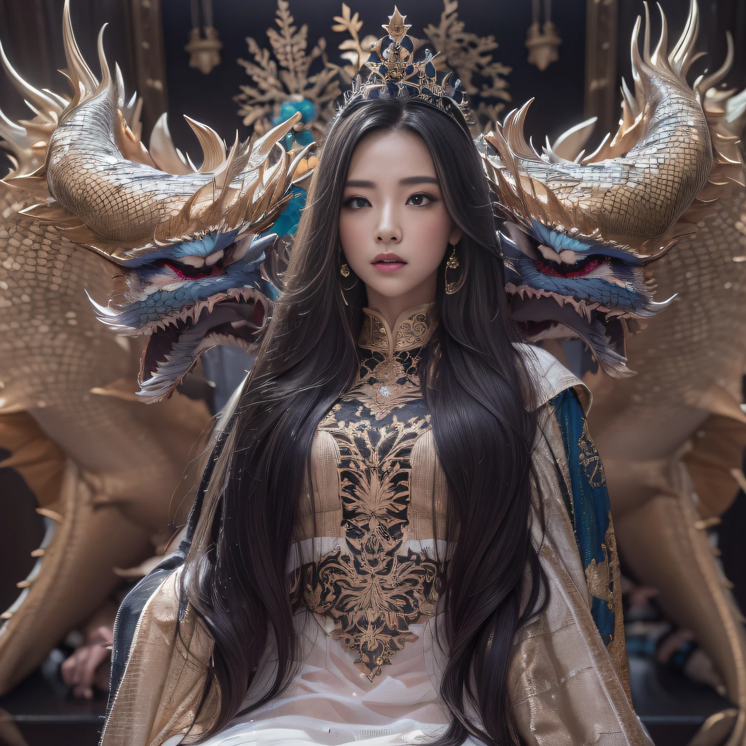 16k(tmasterpiece,k hd,hyper HD,16k)Long flowing black hair,Jewelry quarter in the back room,Brunette King ,Dragon Protector (realisticlying:1.4),Python pattern robe,Purple-pink tiara,Snowflakes fluttering,The background is pure,Hold your head high,Be proud,The nostrils look at people, A high resolution, the detail, RAW photogr, Sharp Re, Nikon D850 Film Stock Photo by Jefferies Lee 4 Kodak Portra 400 Camera F1.6 shots, Rich colors, ultra-realistic vivid textures, Dramatic lighting, Unreal Engine Art Station Trend, cinestir 800,Hold your head high,Be proud,The nostrils look at people
