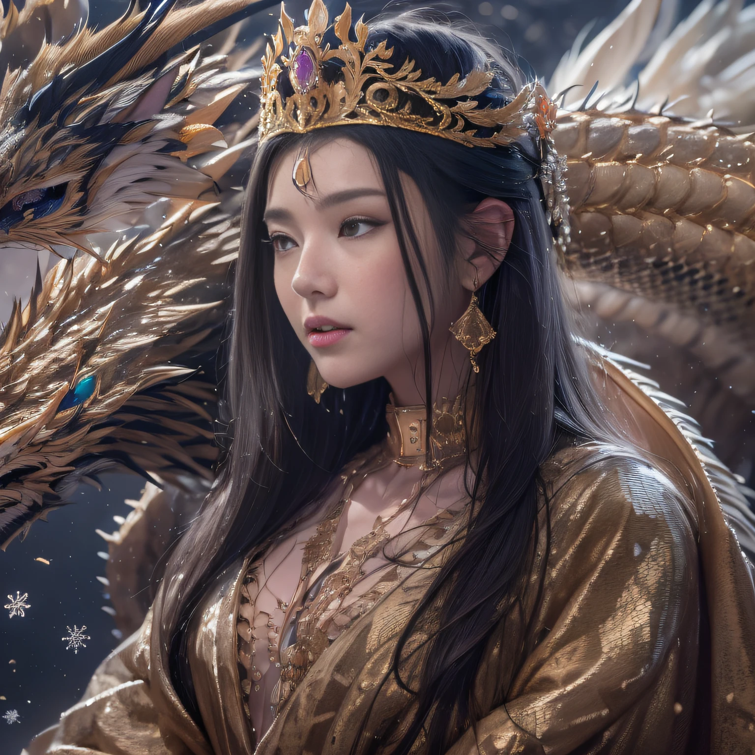 16k（tmasterpiece，k hd，hyper HD，16k）Long flowing black hair，Jewelry quarter in the back room，Brunette King ，Dragon Protector （realisticlying：1.4），Python pattern robe，Purple-pink tiara，Snowflakes fluttering，The background is pure，Hold your head high，Be proud，The nostrils look at people， A high resolution， the detail， RAW photogr， Sharp Re， Nikon D850 Film Stock Photo by Jefferies Lee 4 Kodak Portra 400 Camera F1.6 shots, Rich colors, ultra-realistic vivid textures, Dramatic lighting, Unreal Engine Art Station Trend, cinestir 800，Hold your head high，Be proud，The nostrils look at people