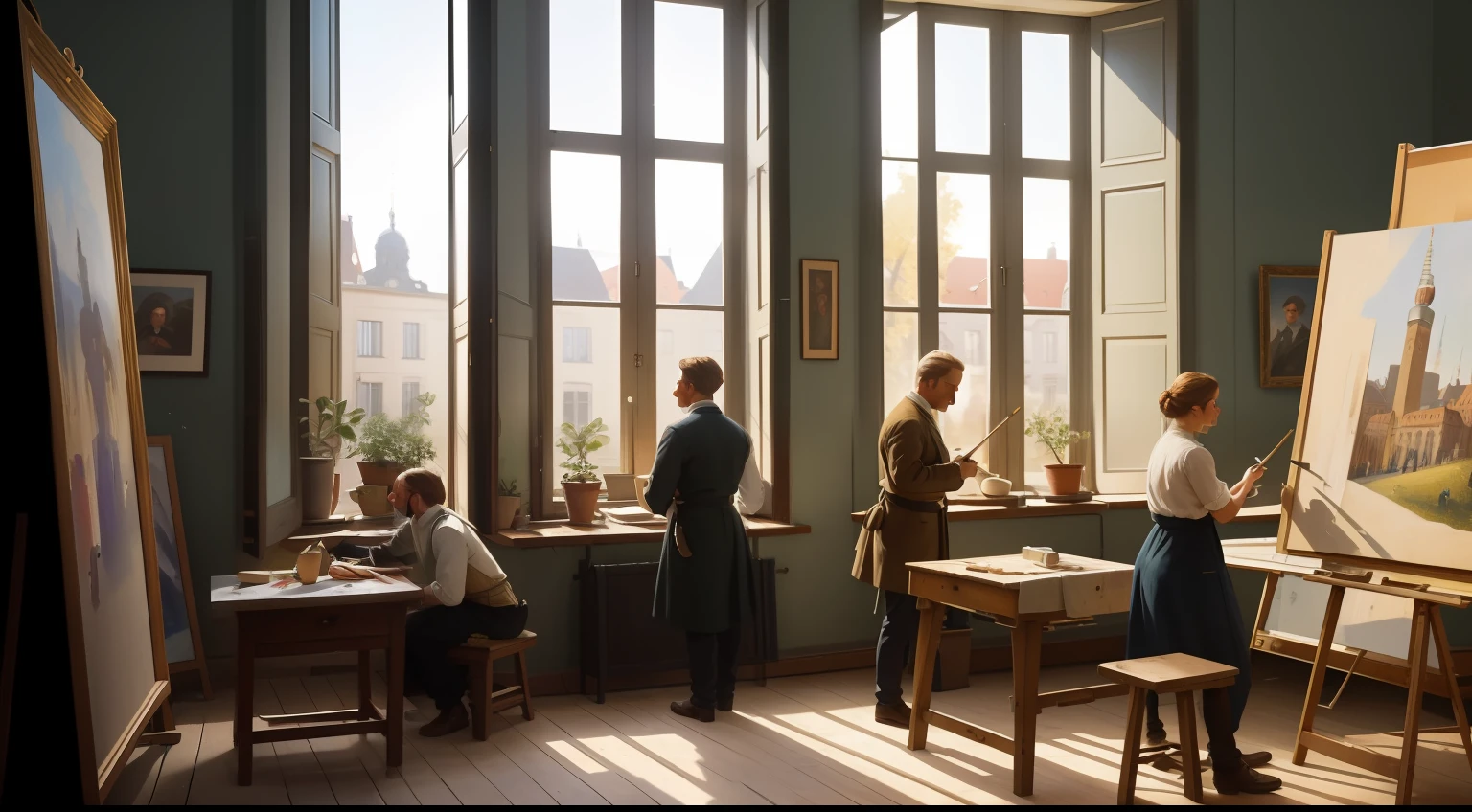 Date: 1901
Country: Germany
Description: In a Berlin art studio, a group of painters work on their canvases, bathed in the natural light streaming through large windows.