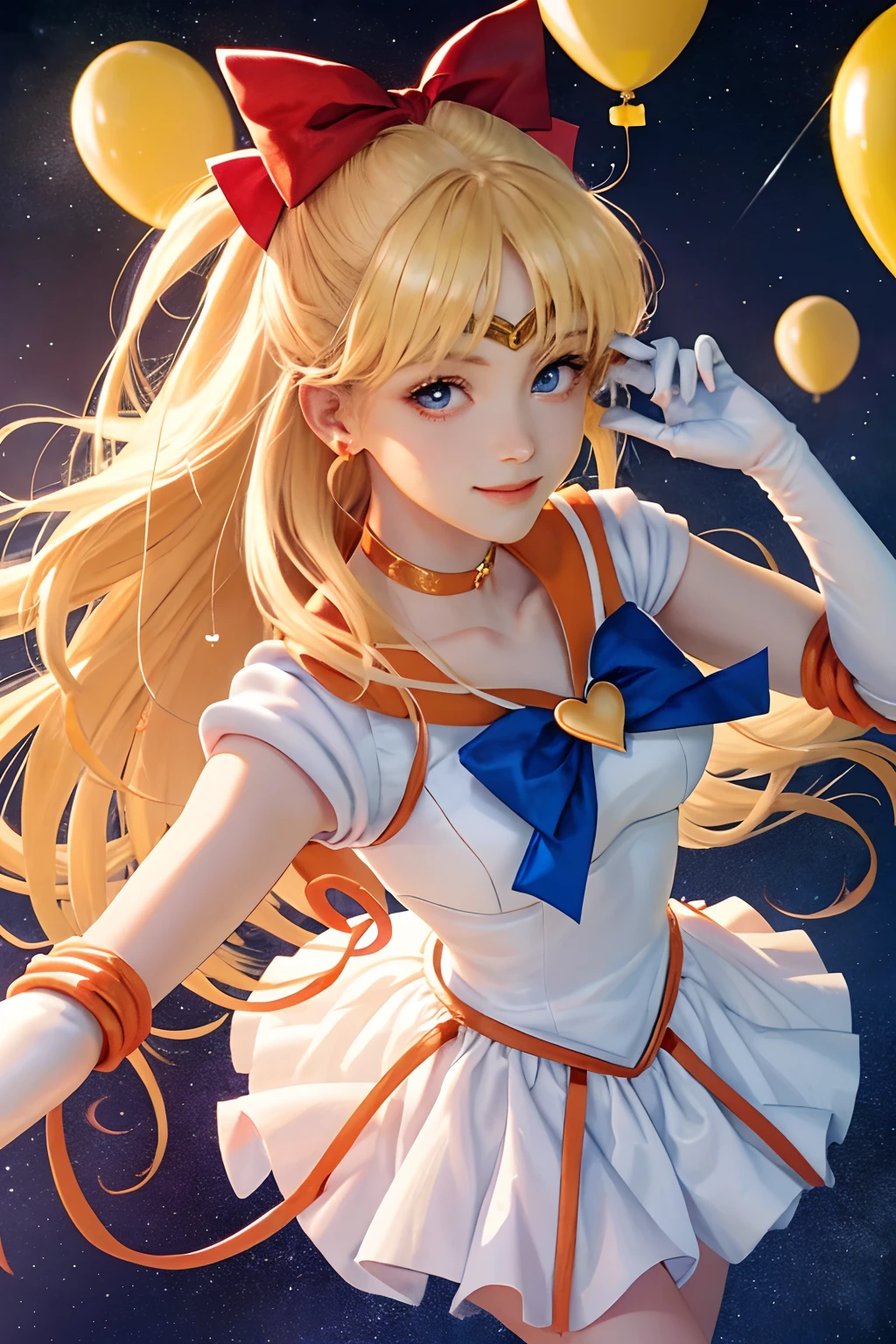 (masterpiece, best quality;1.3), extremely detailed CG, ultra detailed, 1girl, solo, smile, looking at viewer, stylish ungle, blonde long hair,blue eyes,
sv1, sailor senshi uniform, orange skirt, elbow gloves, tiara, orange sailor collar, red bow, orange choker, white gloves, jewelry, from above,
many hearts, face focus,Venus,tornado,abstract background, hearts storm, haert beam, heart bubbles, heart baloons, haert stars, heart flowers, HEART LIGHTS, heart world, heart background, galaxy background, heart weapon, heart aura,