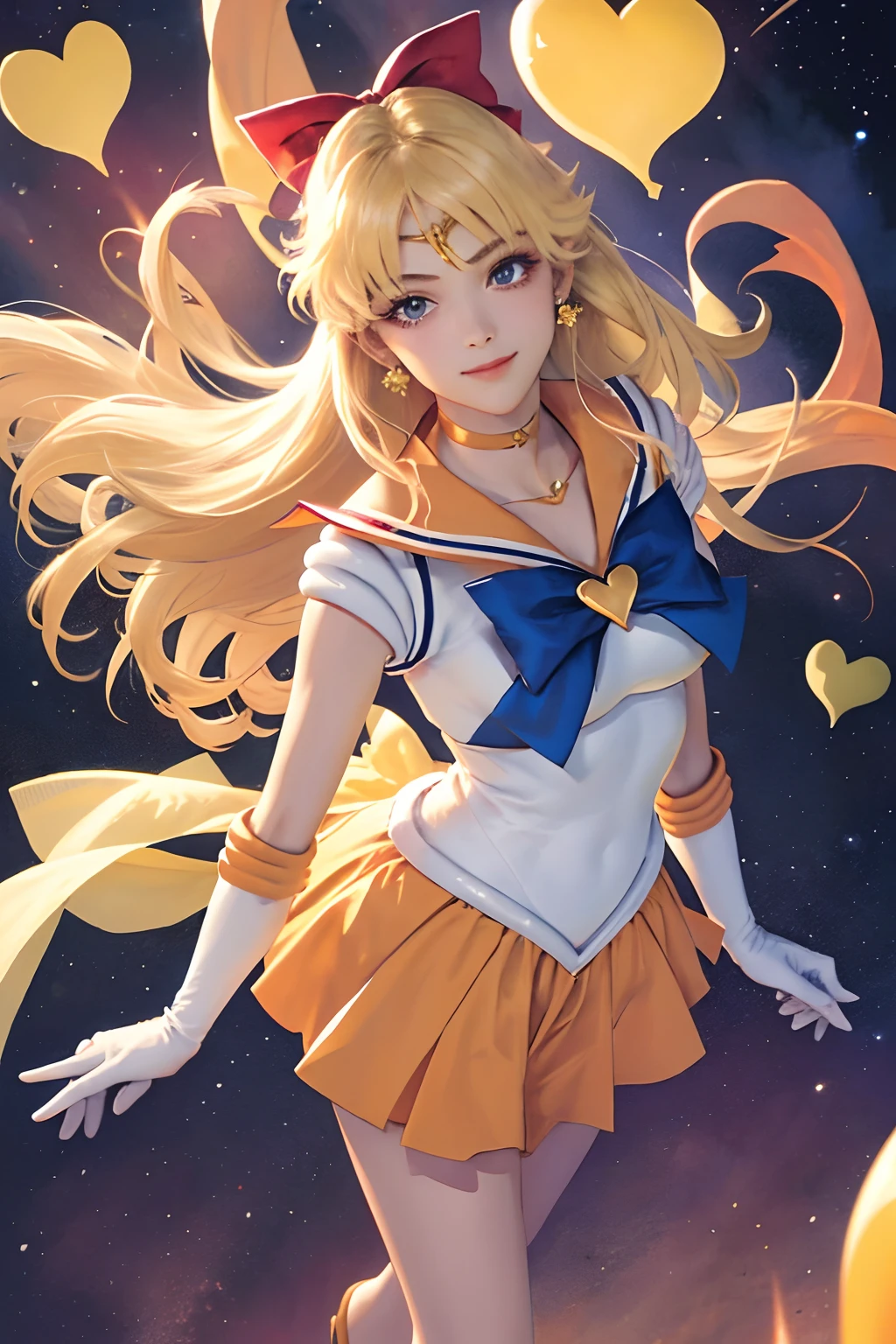 Masterpiece, Best Quality, Hi-Res, Moon 1, 1 Girl, Solo, Sailor Senshi Uniform, Sailor Moon, Usagi Tsukino, Blonde, Magical Girl, Blue Eyes, White Panties, Red Scarf, Elbow Gloves, Tiara, Blue Skirt, Pleated Skirt, Mini Skirt, Choker, White Gloves, Jewelry, Earrings, Smile, Background Is Space (Excellent Detail, Excellent Lighting, Wide Angle), skirt lift, show panties,