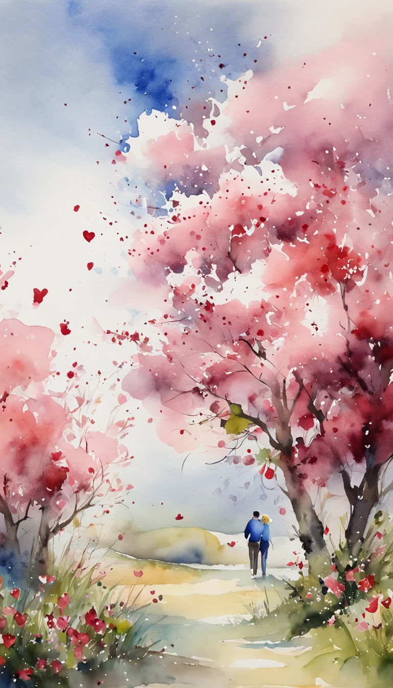 In a romantic atmosphere，Couples hugging and walking in a sea of roses，Under the blue sky and white clouds，Feel the romantic theme of Valentine's Day