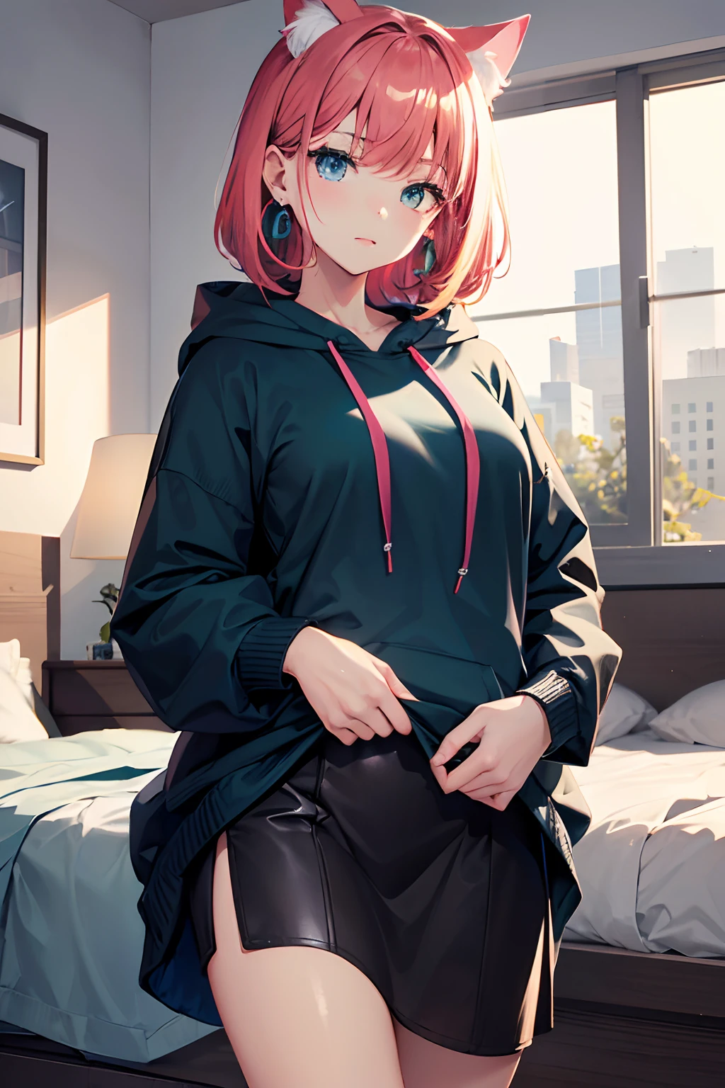 Gorgeous, 1cat girl, long blue|red|green|pink|yellow hair, hair touching ground, blue eyes, wearing plain black large hoodie, black skirt, bed, absurdres, high res, ultrasharp, 8k, masterpiece, looking at viewer, large dangle earrings, undressing