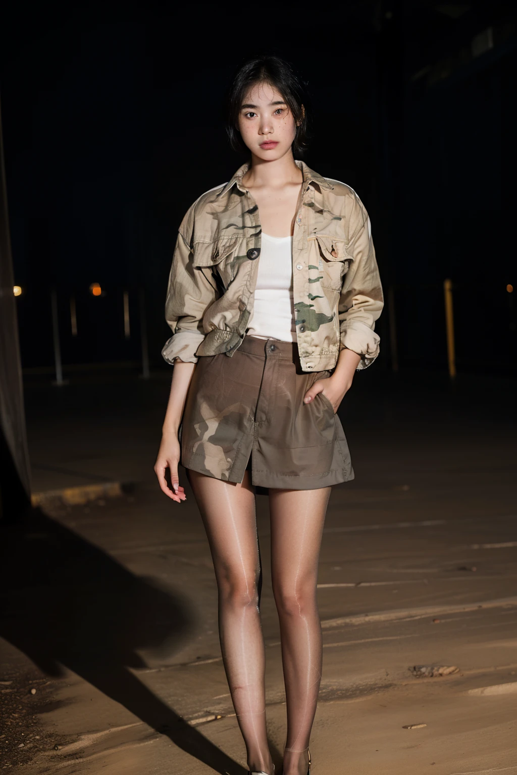 Full body view, Feet in view, Highest quality, (dramatic lighting:0.7), masterpiece, RAW photo of (16 year old woman with short hair), cute, wearing camouflage short skirt, pantyhose, portrait, shirt, perfect face, alluring eyes, vivid detail, (highly detailed skin), freckles, sfw, (blue tint:0.6), (dirty:0.8), (bloody:0.7), key lighting, (backlighting:0.5), medium depth of field, photographed on a Canon 5D, 50mm lens, F/4 aperture, (hyperdetailed, intricate details), sharp focus, muted colors, 8k, absurdres, 8mm film grain, war photography