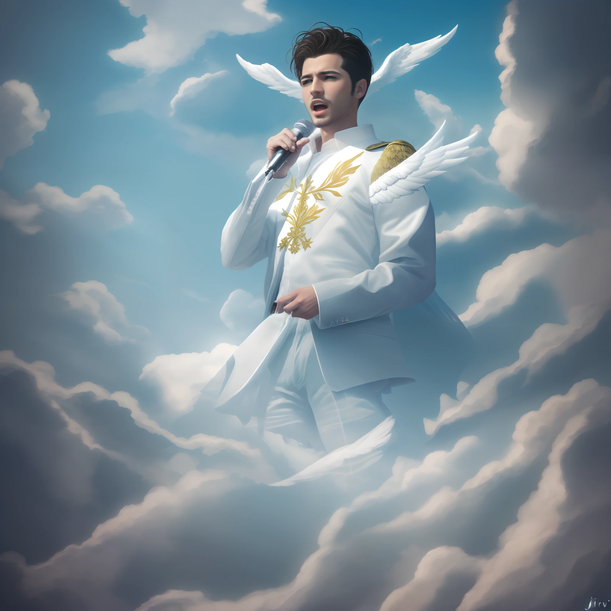 crie asas extremamente imponentes e belas saindo das costas do homem, asas de arcanjo, anjo celestial, Asas Divinas, criar asas extremamente delicadas e angelicais, anjos alados, Angel with microphone singing beautiful songs, randes asas angelicais, Open Blue Angelic Wings (Obra-prima 1.3, Detalhes intensos), fundo divino da fantasia (Obra-prima 1.5, Detalhes intensos), Do not change the man's face, face without changes.