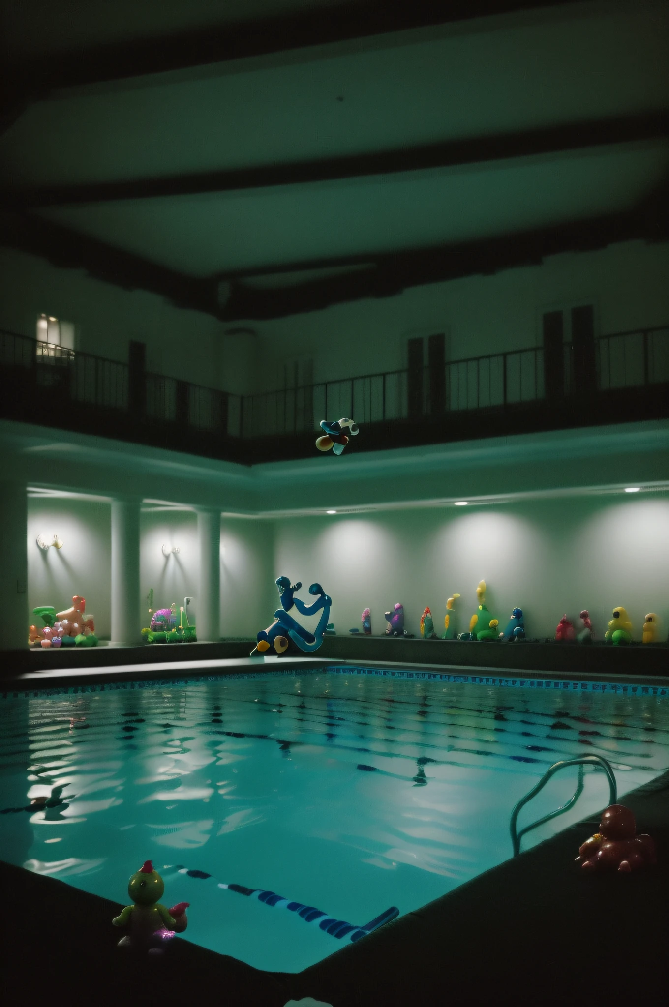 ((Unmanned indoor swimming pool、Toys floating in the pool、Figure、flowerbed、Almost no light、Quite dark))、Nostalgic but unsettling photos、Images in a dream、uneasy、deep in the night、natta、Grainy photo、Film Touch、a picture、horor、terrifying、wide angles、wide-angle lens、