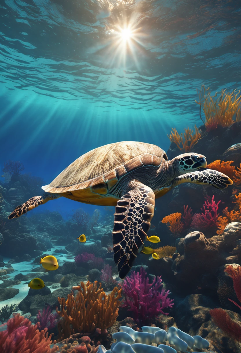 The sun shines into the sea　The corals　Watching a turtle swim　Bright blue construct with detailed waves　Depth Field、HDR、Bloom、chromatic abberation、Photorealsitic、Very elaborate、Popular at Art Station、Popular with CGSociety、Convoluted、High Detail、Dramatic、Art Midway　An ultra-high picture quality　realisitic　4K 8K