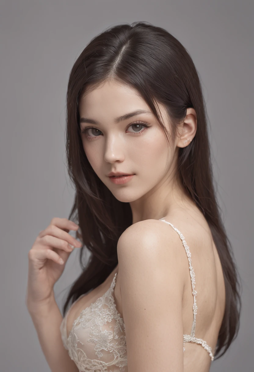 best quality, masterpiece, high res, realistic, photographic,(exquisite body:1.2),gorgeous face,(milky skin:1.3),intricate details, high resolution, high detail RAW color photo, wallpaper, 1 girl, black hair, long hair, straight hair, solo, mid breasts, bare shoulders, looking at the camera, shiny hair, sexy posture, photorealistic, upper body, naked, nude,