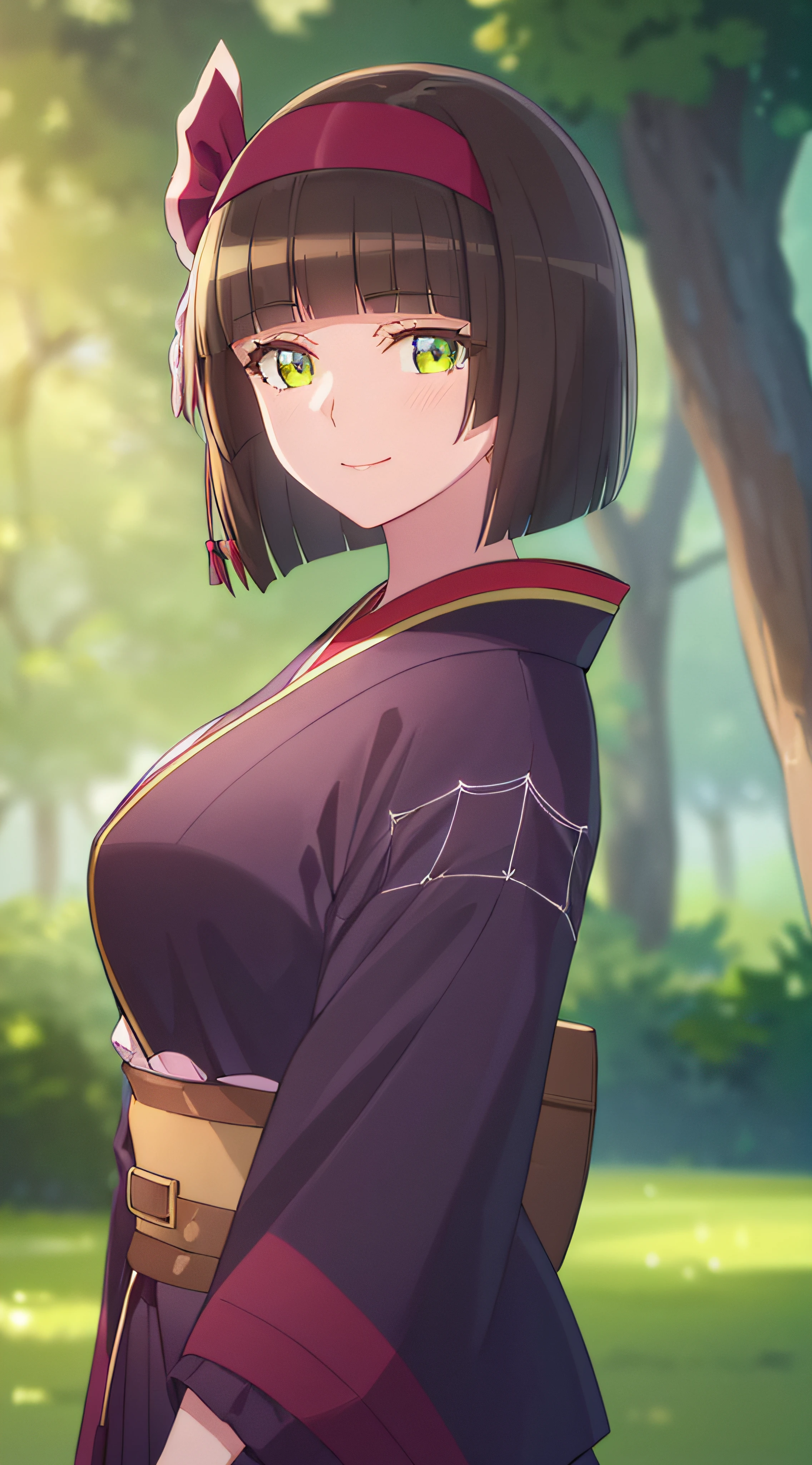 (masterpiece:1.2, best quality), (finely detailed beautiful eyes: 1.2), (extremely detailed CG unity 8k wallpaper, masterpiece, best quality, ultra-detailed),1girl, medium shot (MS), Mio, large breasts, hairband, Japanese clothes, purple kimono , smile, hair bow ,spider web print, sash , obi, hair ribbon, High contrast, (best illumination, an extremely delicate and beautiful),(simple background, grass field), beautiful detailed glow, (beautiful detailed face, beautiful detailed eyes)