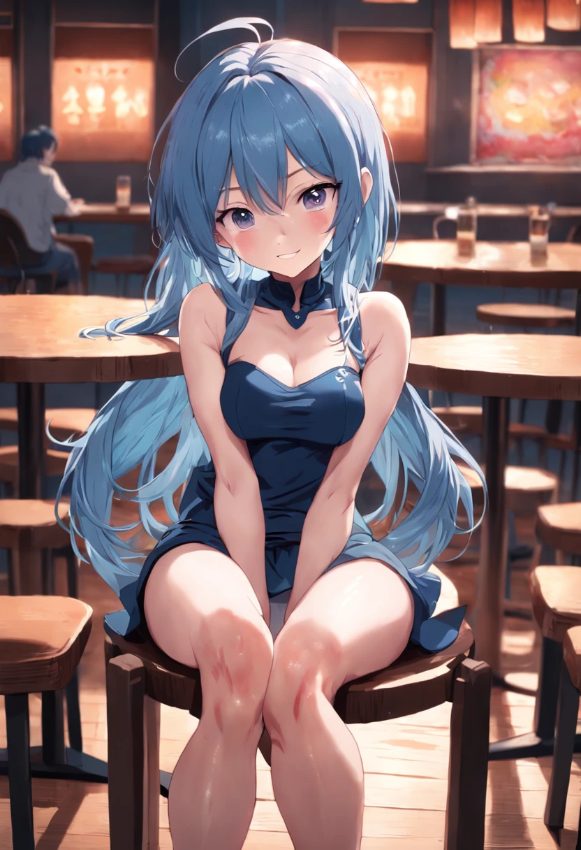 beautiful girl,photo taken up close,dark blue skirt,anime art,high detail,digital painting,pink eyes,light blue hair,tight t-shirt,sitting on a chair,crossed legs,smiling,blushing,table in the background,holding a water bottle with your hands,big tits,medium ass