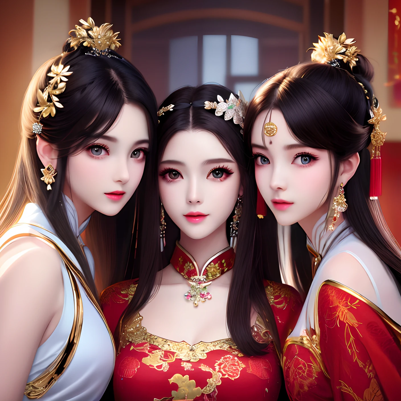 best quality, masterpiece, Beautiful face,3girls, long_hair, solo, upper_body, china dress,dress,hair ornament, necklace, jewelry, short hair, earrings, chinese clothes,random color eyes,Transparent clothing