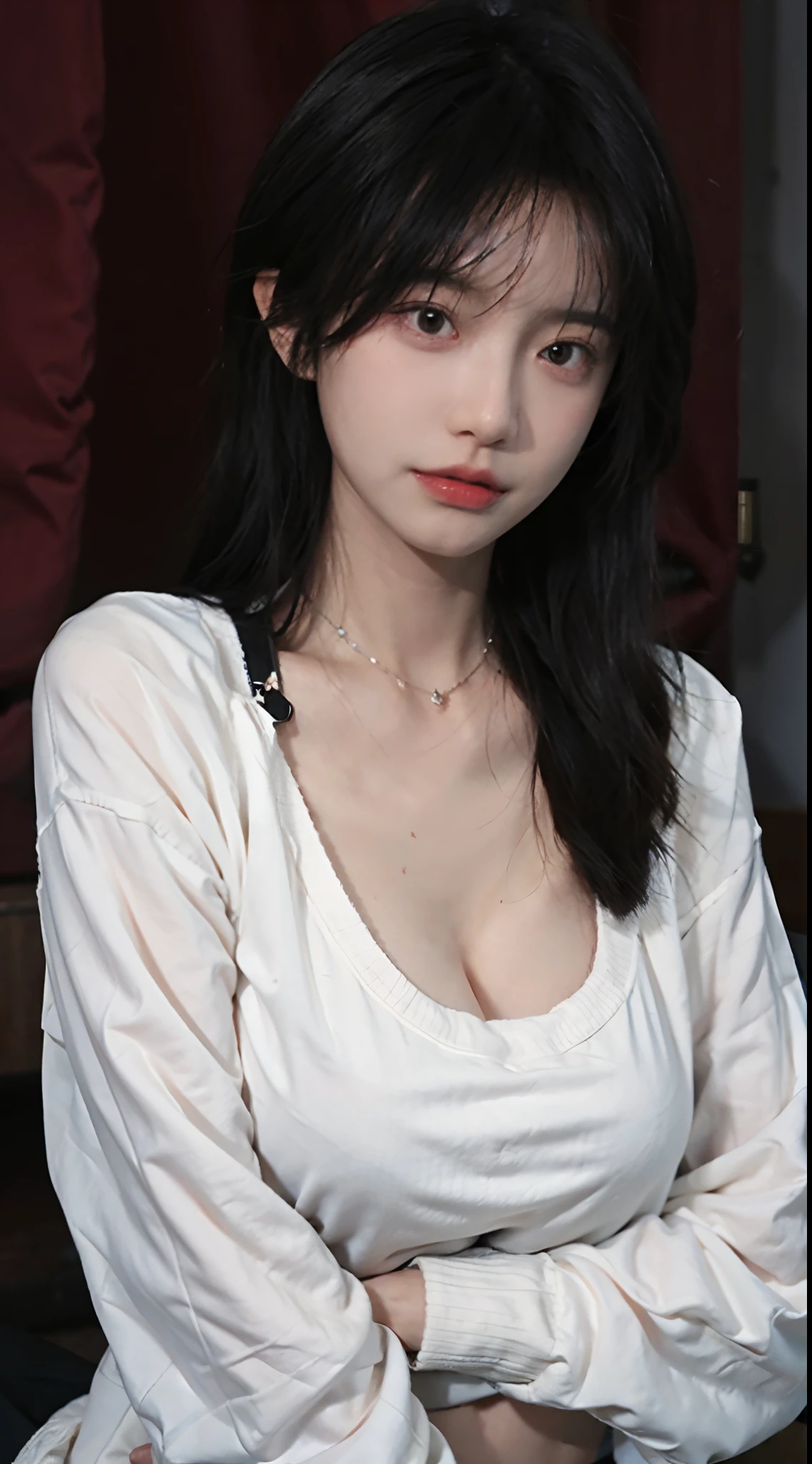 best quality， ultra high resolution， （realistically：1.4），Baoyu Girl，1 girl, Long curly hair，Looking into the distance，huge cleavage，Red cropped sweater，a sense of atmosphere，Beautiful woman with slim figure:1.4, abdominal muscles:1.4,,Super thin face，exquisite eyes，double eyelids，necklace