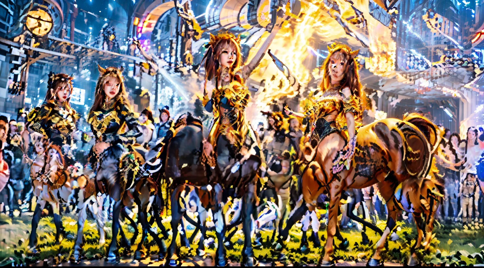 In the beautiful illustration of this super-grand scene，The ultra-distant lens shows us（Over eight separate and distinctive centaur characters：9.9），They all have their own characteristics，Vivid and interesting。Radiant from the heavens（Angelic centaurs：6.6），To nightmarish is（Centaurs surrounded by flames：6.6）、And then to the wind dancing in the air（Fairy centaurs：6.6）、And thunder and lightning surrounding（One-horned centaur：6.6），and shining metallic ones（Mechanical style centaur：6.6）、And then（A centaur with colorful dragon scales covering the whole body：6.6）The power is powerful、Elegant and agile（Elf centaur's slenderness：6.6）Gracefully wears a flower crown、Enchanting and charming（Tiflin centaurs：6.6）、Have the indescribable（Raised sexy：6.6）'s（Succubus centaurs：6.6）。Each character has their own unique charms and abilities。The illustration uses advanced artistic techniques and tools，（Use nesting、woven、stitching、ssee-through、arrange、grouping、Storyboards and other methods，Divide the scene into sections by geometric arrangement：9.9），Each section corresponds to a centaur character，This makes more efficient use of space。Through Midjourney's advanced brush tools、Color palette、Material packs and model packs、Texture tools，For each centaur, beautiful props are designed to increase racial characteristics、Clothing and physical features，（Enhances the character's personality and visual appeal：2.5），The scenery in the illustrations is stunning，There are changing skies、rainbowing、extreme light、Stars and Moon。Incorporating iconic landmarks such as Mount Everest，and fireworks、tranquil lake、Natural and urban elements of waves and neon lights，Creates a magical atmosphere，The centaurs display their unique abilities and equipment in a variety of environments，This is true even in extreme alien landscapes。（Use Midjourney's tools、Material packs、Texture tools、The color palette makes depicting details vivid and realistic：9.9），From complex hairstyles and as well as different racial traits、Body、Ap