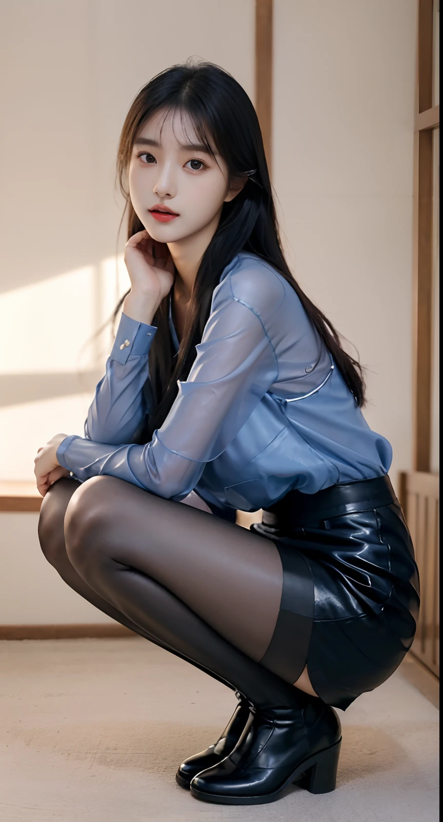 ulzzang-6500-v1.1, (Raw photo:1.2), (Photorealistic:1.4), Beautiful detailed girl, Very detailed eyes and face, Beautiful detailed eyes, Ridiculous, Incredibly ridiculous, Huge file size, Ultra detailed, High Definition, Very detailed, Best Quality, Masterpiece, Kemomimi,Transparent Clothes,Taken off, ((Sheer Uniform of Japan Girls' High School)), Shirtless, Very Detailed, CG, Unified, 8k Wallpaper, Fantastic, Fine Detail, Masterpiece, Best Quality, Highly Detailed CG8k Wallpaper, Light on Face, Movie Lighting, Girl, (Without Panties)), ((Dynamic Pose))), (Camel Toe), (Half), (Pantyhose), (Knee Bent Leg Sitting))