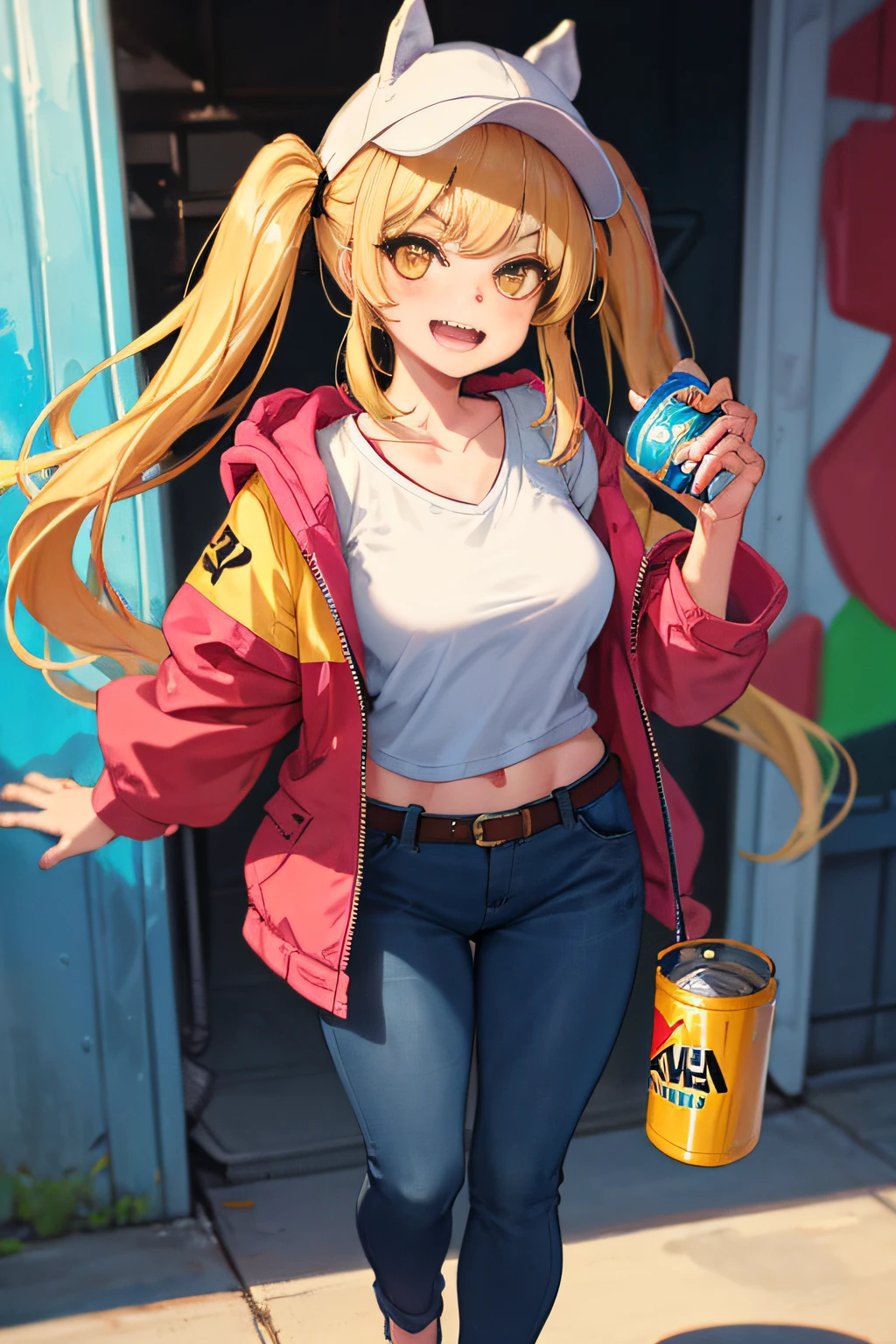 Original Character, Volumetric Lighting, Best Shadows, Shallow Depth of Field, Portrait Of Stunningly Beautiful Girl, Petite, Delicate Beautiful Attractive Face With Alluring Yellow Eyes, Messy Painted Face, Sharp Eyebrows, Broadly Smiling, Open Mouth, Fangs Out, Lovely Medium Breasts, Layered Long Twintail Blond Hair, Blush Eyeshadow, Thick Eyelashes, Applejack Hat, Oversized Pop Jacket, Mini Underboob Tee, Open Navel, Slim Waist, Denim Jeans Pants, With Buckle Belt, In The Graffiti Alley, Waste Container, Outside Stairs, Outdoor Unit, Holding Spray Paint Can, Standing, (Highest Quality, Amazing Details:1.25), (Solo:1.3), Brilliant Colorful Paintings