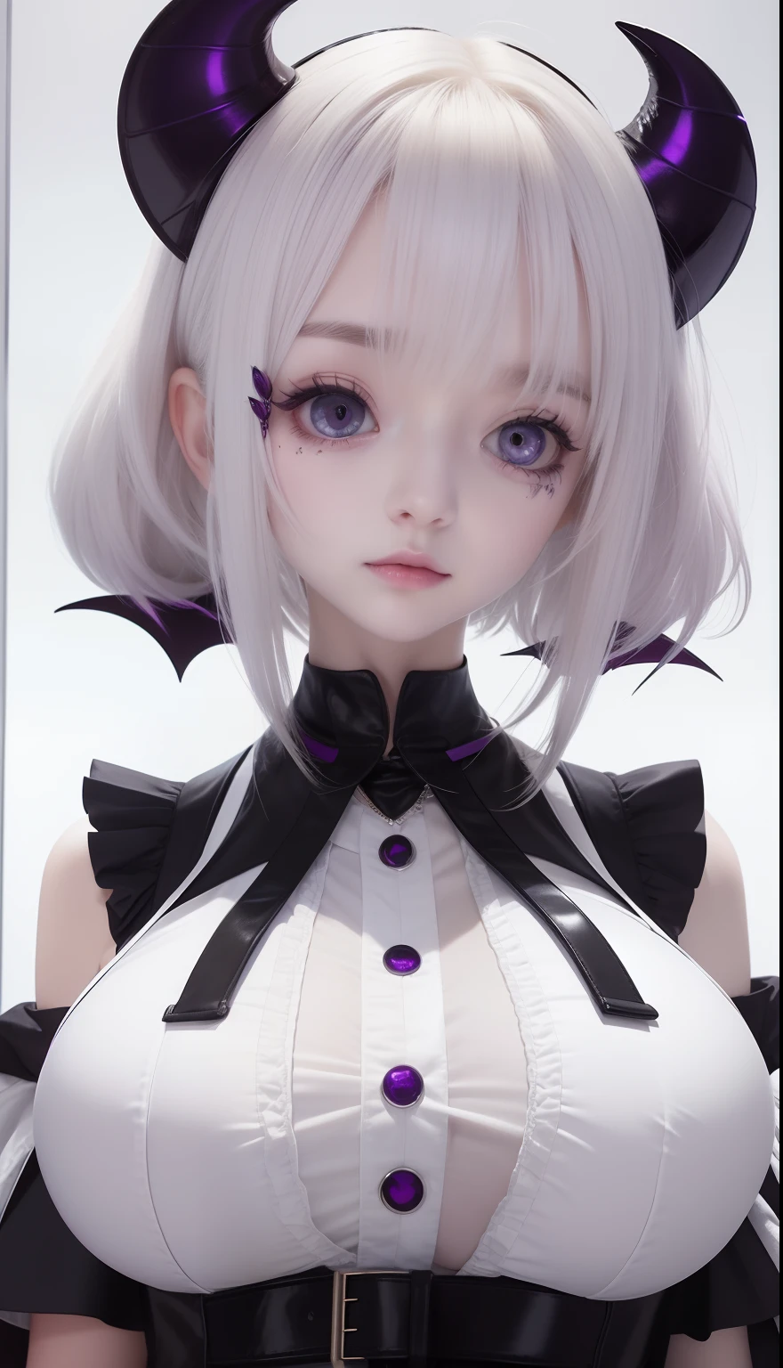 White color delicate texture hair，Deep purple pupils，Sexy and shiny big breasts，Clothes cover the chest，This is a succubus beautiful girl