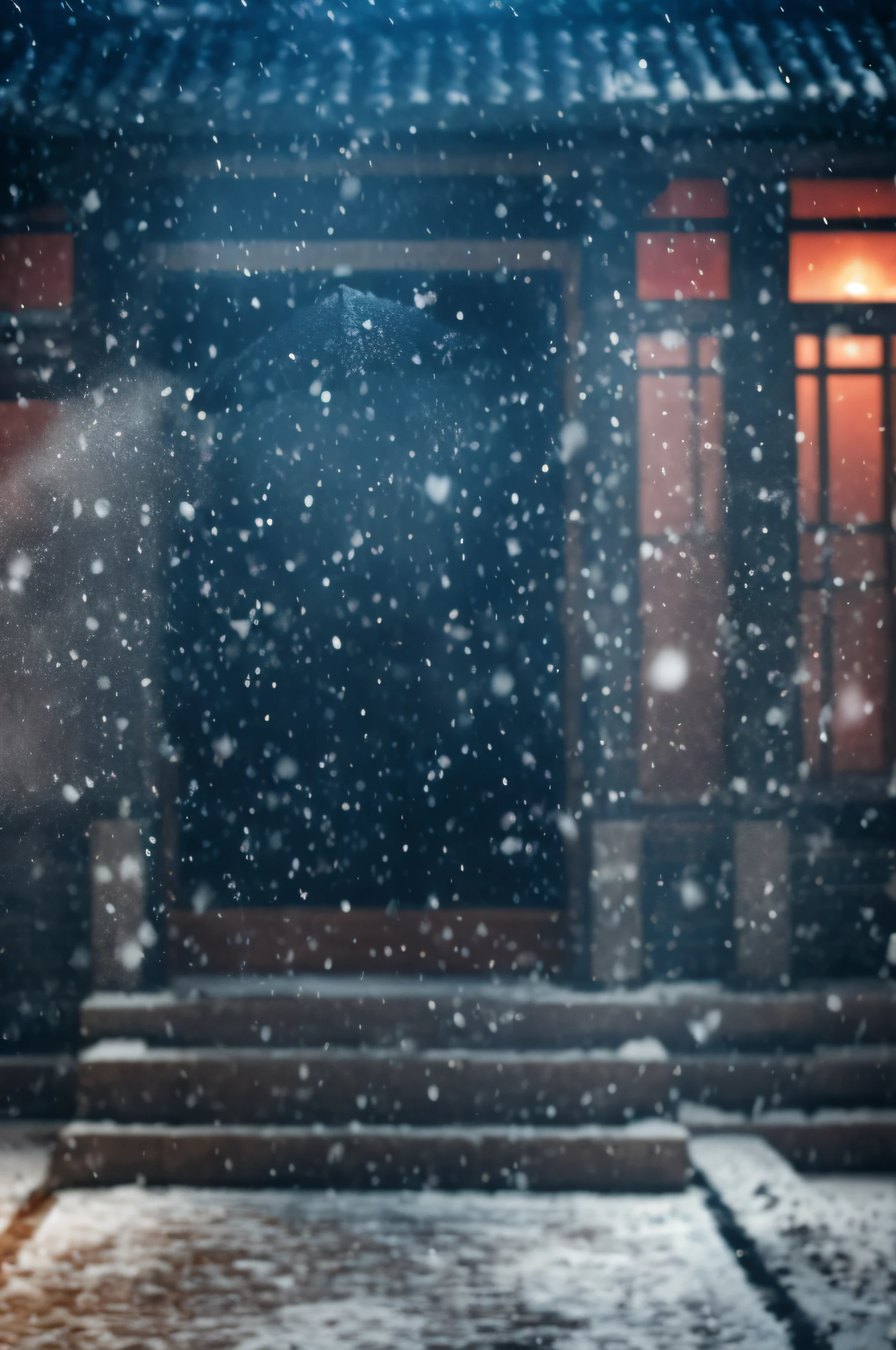 Close-up of a man holding an umbrella in the snow, snowing outside, snowing outside, snowfall at night, nevando, moonlight snowing, snowfall, snowflakes falling, snowy night, snowflakes falling, atmospheric cold lighting, snowstorm, perfect lighting in a snow storm, Winter snow, atmospheric establishing shot, Snow is falling, Light snowfall, Falling snow, snowfall