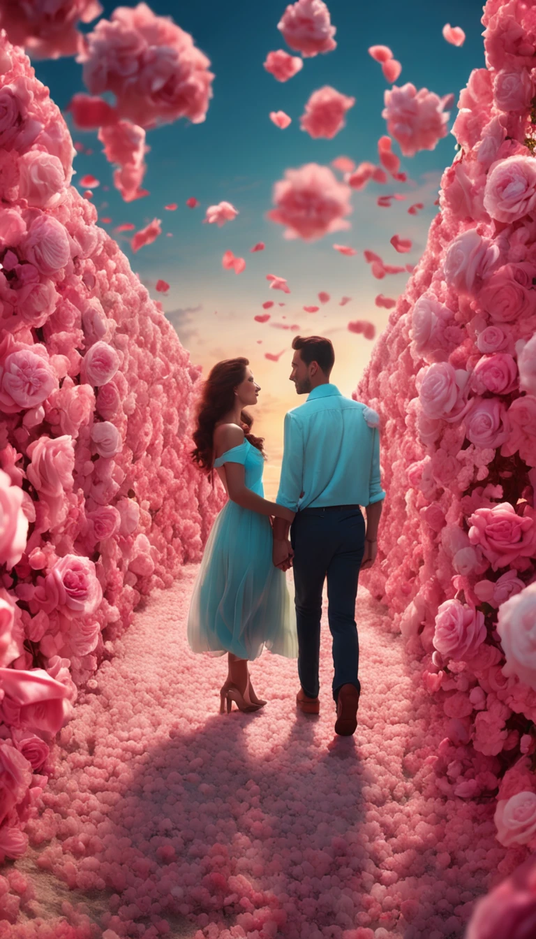 In a romantic atmosphere,Couples hugging and walking in a sea of roses,Under the blue sky and white clouds,Feel the romantic theme of Valentine's Day