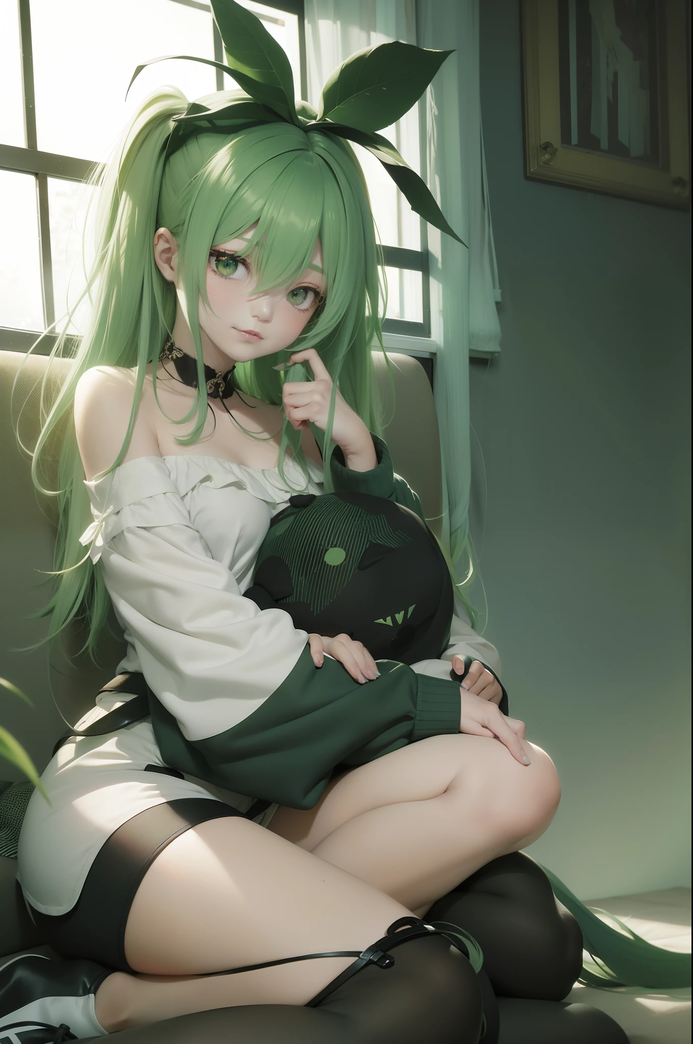 Green hair,Kizi,Sit on a cuddle,Loose hair,Messy colors