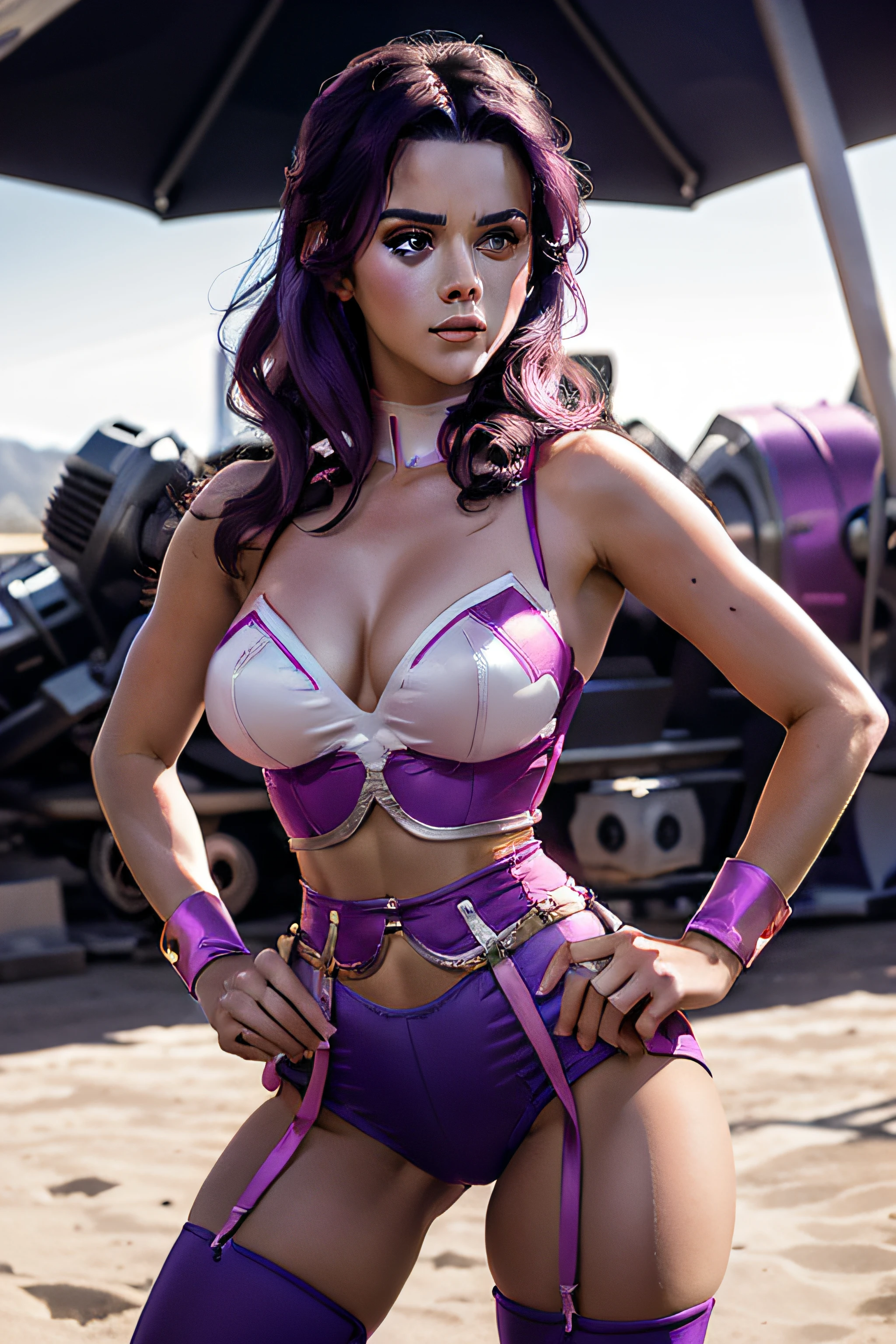 Katy perry as a sexy beautiful female superhero. purple hair blur eyes wears a tight form fitting outfit that is pink-purple with a white outer layer with a balck and white sun symbol , sleveless, has a midriff with a ring on the center of her abdomen. wears pink-purple shorts with a white outer layer, long black stockings, pink-purple long knee boot portrait photography by artgerm, in the style of realism, glistening skin, cartooncore, mangacore, natural lighting, Defined full lips. Muscular fitness feminine body