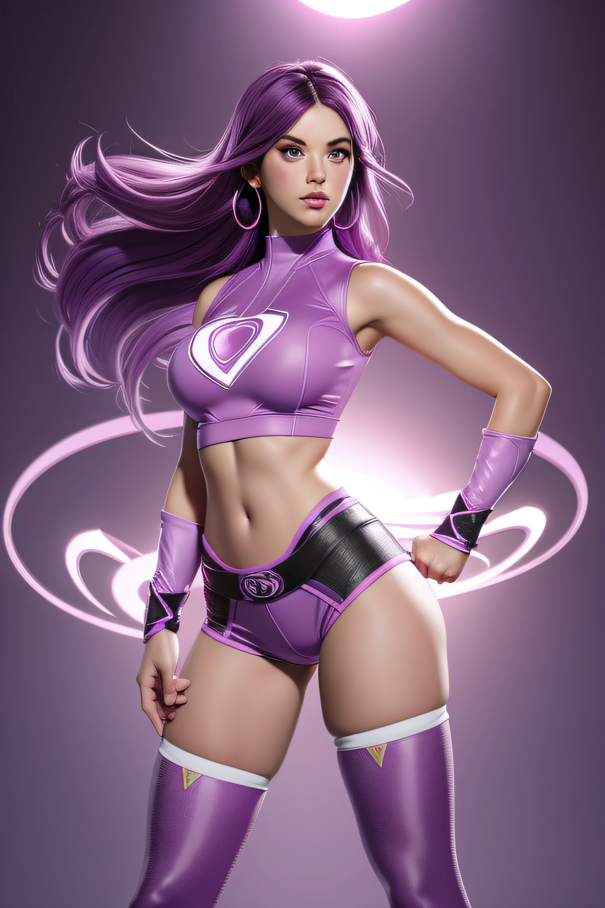 Katy perry as a sexy beautiful female superhero. purple hair blur eyes wears a tight form fitting outfit that is pink-purple with a white outer layer with a balck and white sun symbol , sleveless, has a midriff with a ring on the center of her abdomen. wears pink-purple shorts with a white outer layer, long black stockings, pink-purple long knee boot portrait photography by artgerm, in the style of realism, glistening skin, cartooncore, mangacore, natural lighting, Defined full lips. Muscular fitness feminine body