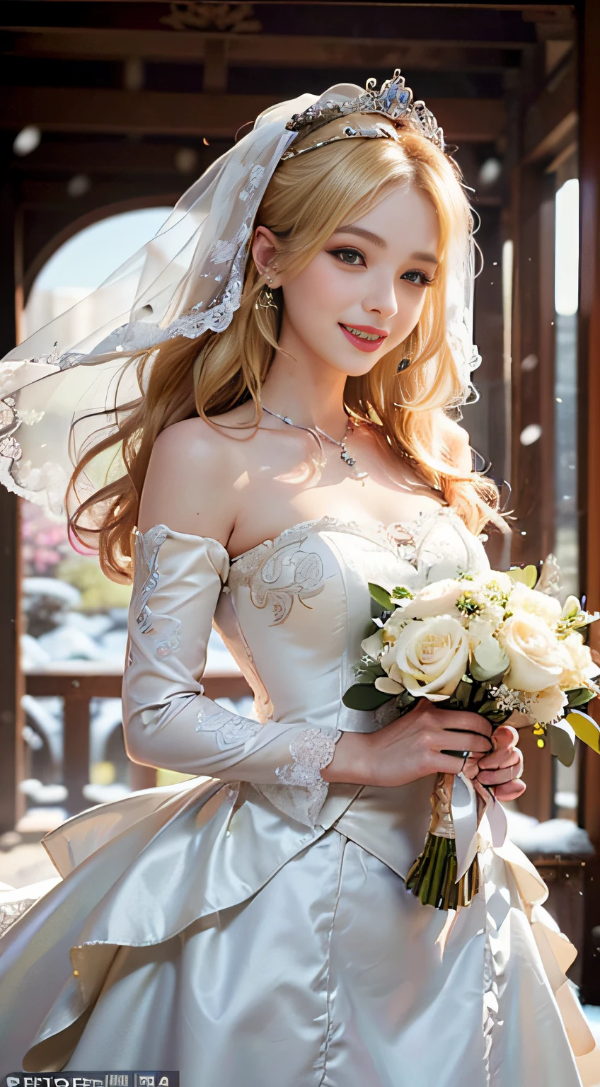 (HD CG Unity 16k wallpaper), (tmasterpiece),(top-quality), (best detail), (Best Illustration), (Best shadow), (Realism:1.5), Realistic human skin,  (ultra - detailed),(1 girl ,Solo ,Very beautiful blonde:1.5)、 (Shiny blonde hair:1.5)、(beautifull detailed face)、(beatiful detailed eyes)、((tmasterpiece:1.4、top-quality))、((tmasterpiece、top-quality))、(photographrealistic:1.4)、(Japanese idol:1.1), (Japanese actressl)、(perfect anatomia、Correct anatomy、perfectly proportions、face perfect、Perfect hand、with perfect legs、perfectfingers、 Perfect hand、Perfect mouth、Perfect lips,a small face:1.5)、++((Happy smiling face:1.5))++、(extremely detailed eye and face),(Incredibly beautiful face、Very cute)、(largeeyes)、 (a slender waist:1.5), (Incredibly large room，Completely soft:1.5)、(Realistic background、Flower garden:1.5),(Large crowds:1.5)、(1 Japanese girl wearing a plump full-length dress and a gorgeous wedding dress:1.5),((Very gorgeous snow white wedding dress，Wear yours with a voluminous full-length hoop skirt:1.5))、(gorgeous embroidery and lace),Gorgeous corsage,See-through,(Very gorgeous ****ta hair ornament)),A crown decorated with sparkling and very ornate jewelry,(Hoop skirt,crinoline)、