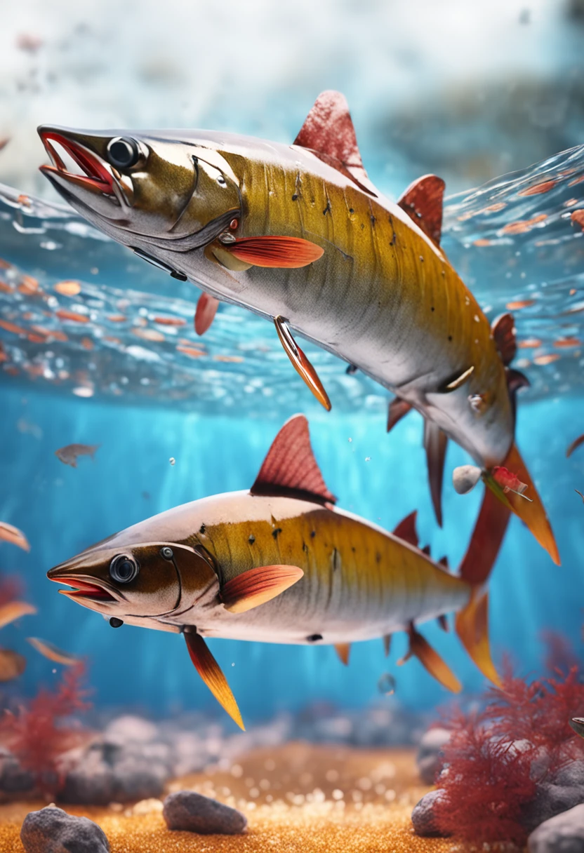 A few autumn swordfish、Saury、Autumn swordfish on ice、Realistic cinematic photos, Ultra HD, Realistic, Vivid colors, Highly detailed, UHD Drawings, pen and ink, Perfect composition, beautiful detailed intricate insanely detailed octane render trending on artstation, 8K, photorrealistic concept art, soft natural volumetric cinematic perfect light