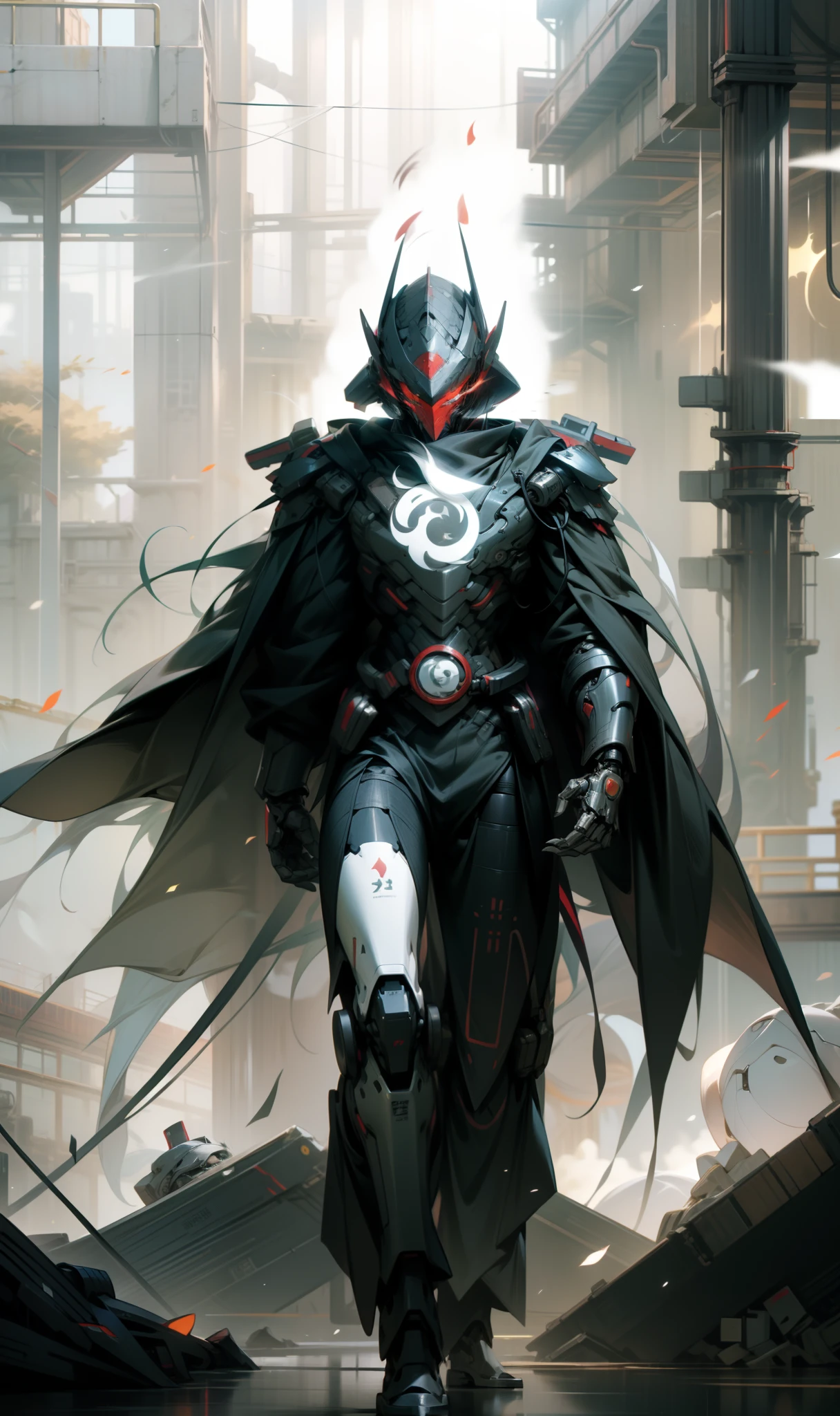Red mask,The helmet of an ancient Chinese general,male people,Strong males,Huge shoulder armor,Tall mech,Silver-white body,The white,Use the plasma sword,There is a dragon particle effect,Yin and Yang gossip,Formation,mechanical sense,sense of strength,Sense of space,combats,cyber punk perssonage,Human body modification,Structurally sound,Battle instant,high-quality face,4K,High quality,Masterpieces