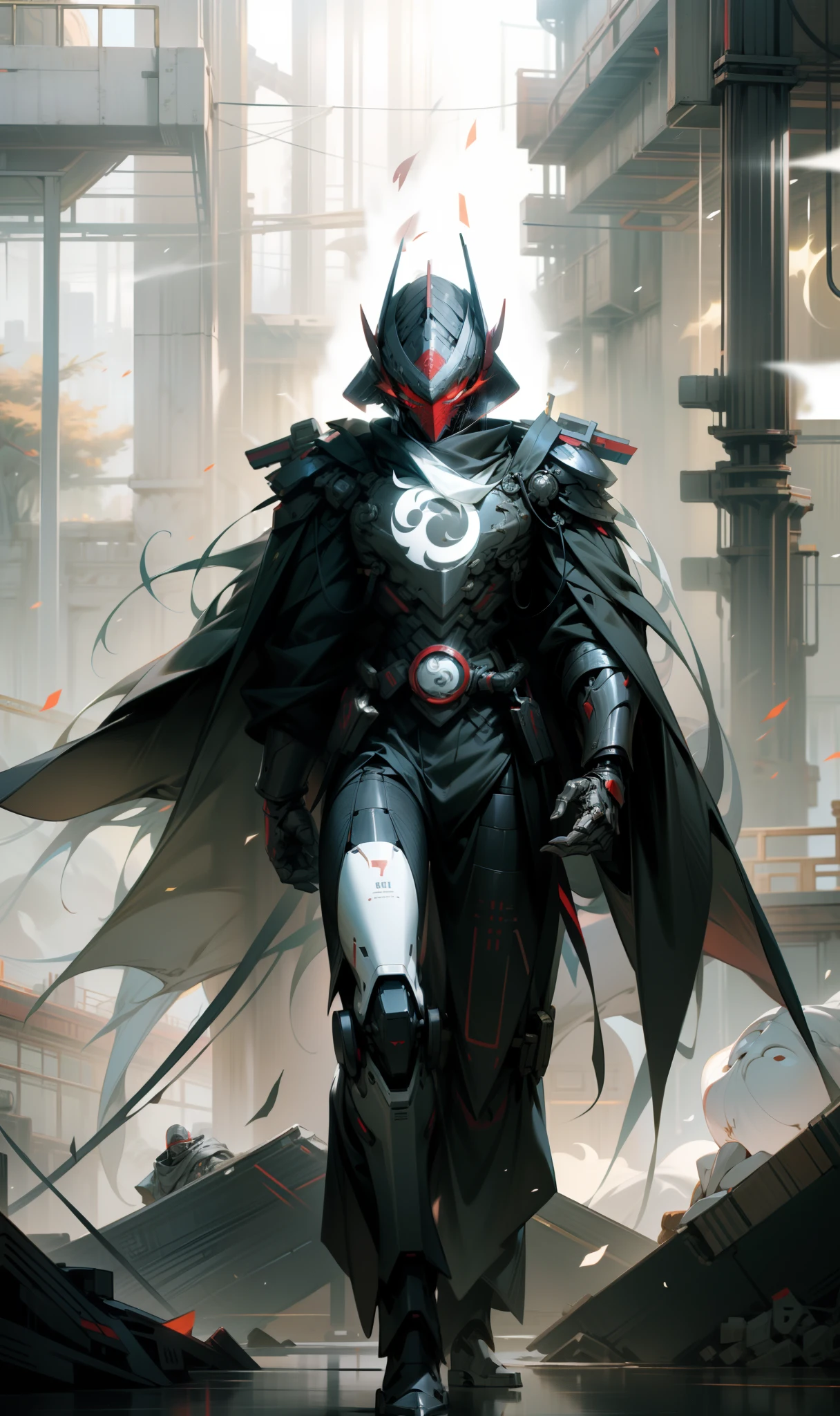 Red mask,The helmet of an ancient Chinese general,male people,Strong males,Huge shoulder armor,Tall mech,Silver-white body,The white,Use the plasma sword,There is a dragon particle effect,Yin and Yang gossip,Formation,mechanical sense,sense of strength,Sense of space,combats,cyber punk perssonage,Human body modification,Structurally sound,Battle instant,high-quality face,4K,High quality,Masterpieces
