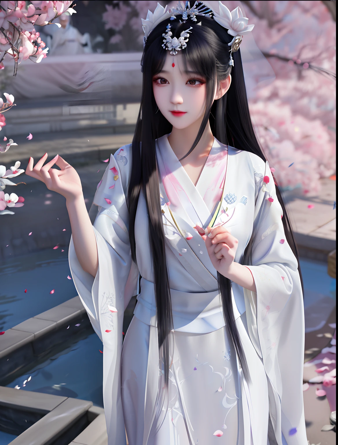 Wearing a white dress,Arad woman with long black hair, White Hanfu, Palace , A girl in Hanfu, ((a beautiful fantasy empress)), a beautiful fantasy empress, white hime cut hairstyle, flowing white robe, Beautiful character painting, flowing white robe, Guviz, Hanfu, Guviz-style artwork
