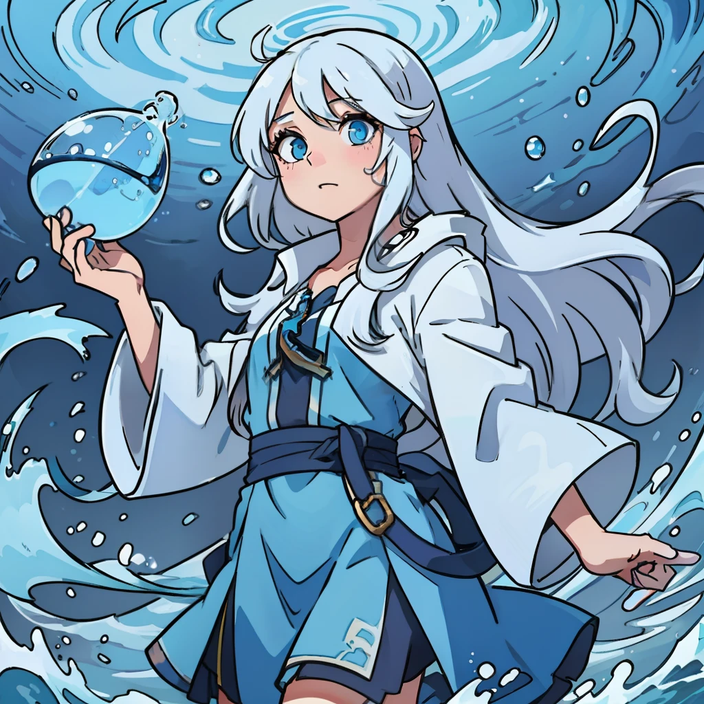 one-girl,long white hair,blue color eyes,Surrounded by water waves,Holding a water balloon in his hand,Supernatural abilities