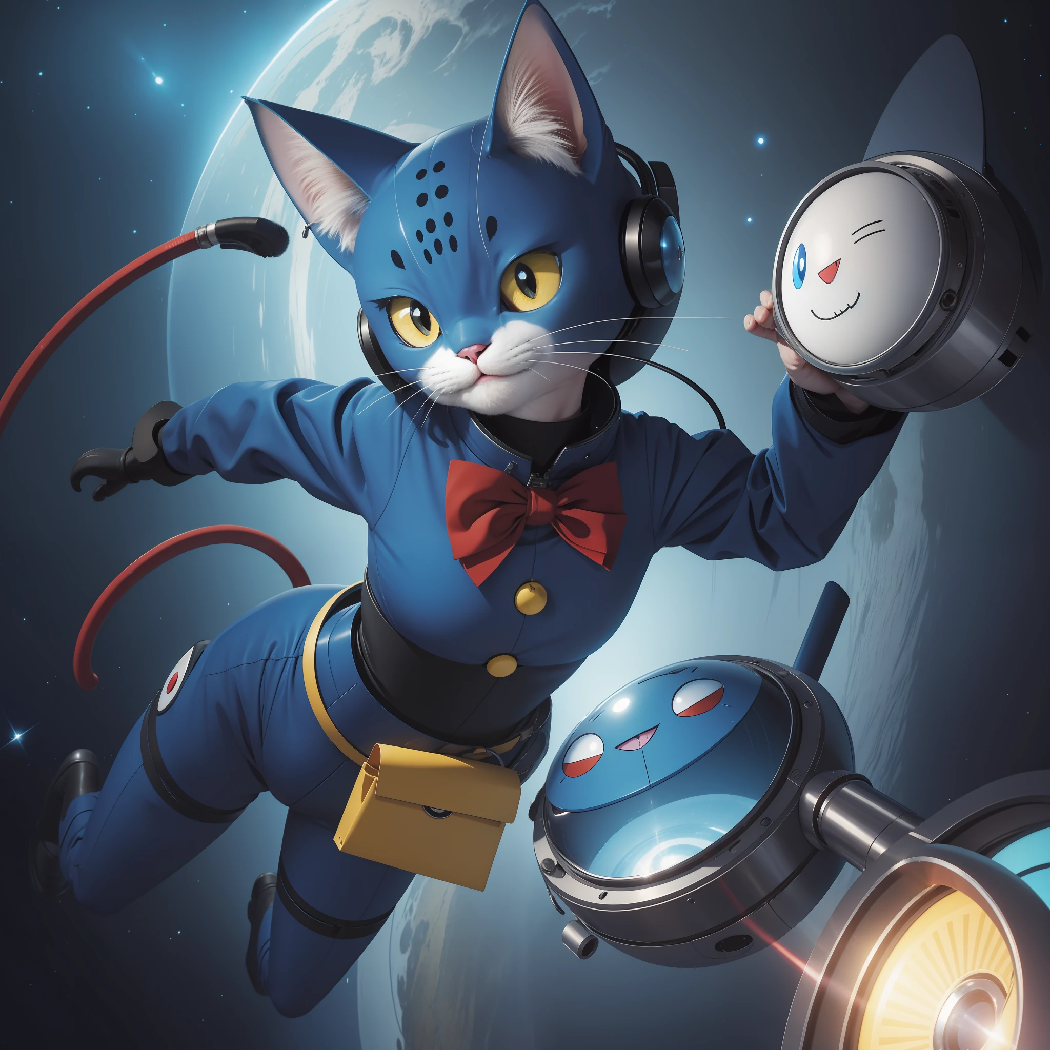 1 cat, Blue robot cat, face round, Big eyes, Small mouth, Bell collar, red bowtie, Black dotted nose, Yellow ears, feelers, propeller, pouch, Gadgets, Time Machine, Flying, Floating, space, Doraemon, Nobita, Friends, Adventure, Funny, Comic, anime big breast, Manga, Japan culture, Futuristic, Gadgets, Secret pocket, magic, mischief, mischievous grin.