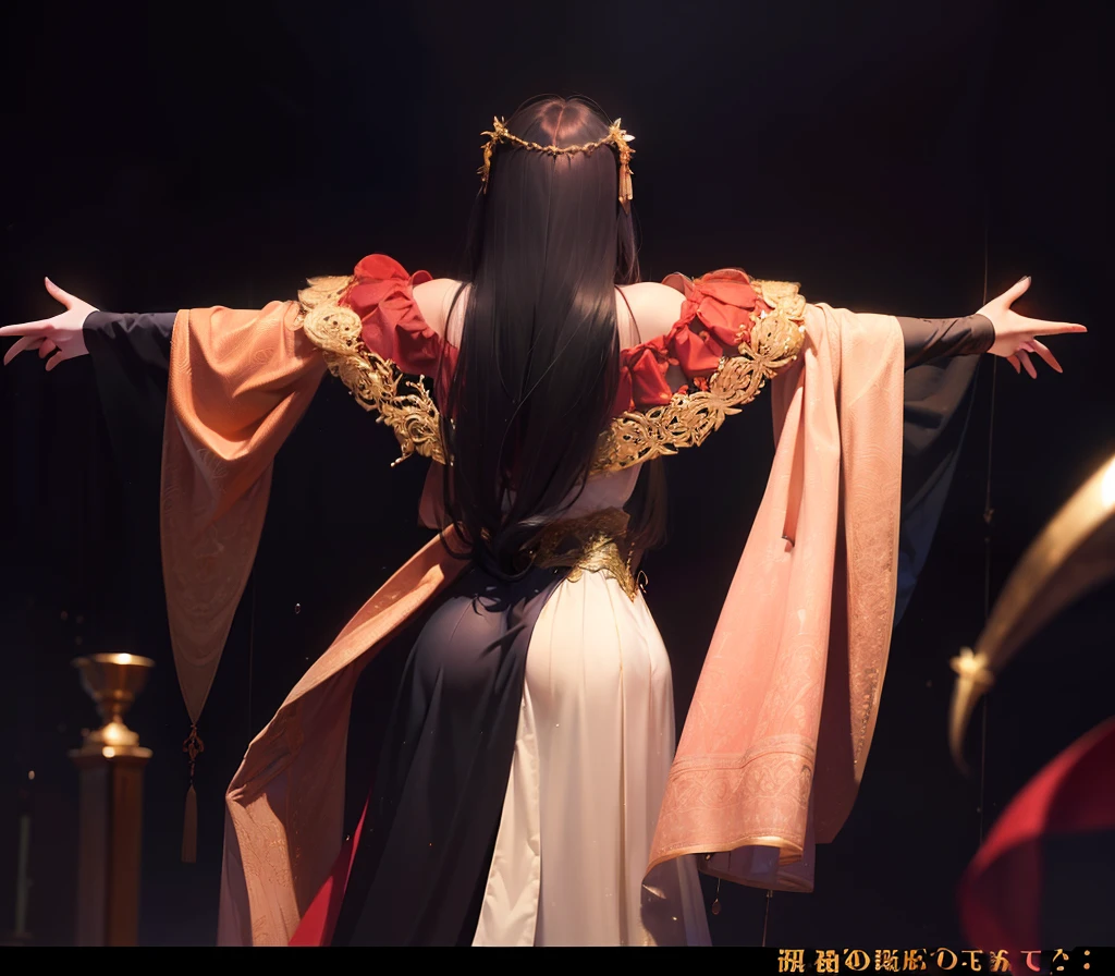 (((woman))), (((best qualityer))), (((tmasterpiece))), )Young maidens in gorgeous court dresses in gold and red turn their backs to you, Her domineering arms were open, Enjoy the flowers and applause