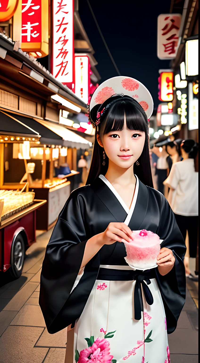 4K、top-quality、hight resolution、Photoreal Stick、Black Hair Long Princess Cut Hair、Cute realistic Japan 18 year old girl、Looking at the camera、18-year-old woman wearing yukata and eating shaved ice at a street stall at night、A scene from a movie where you can see fireworks in the distance --auto
