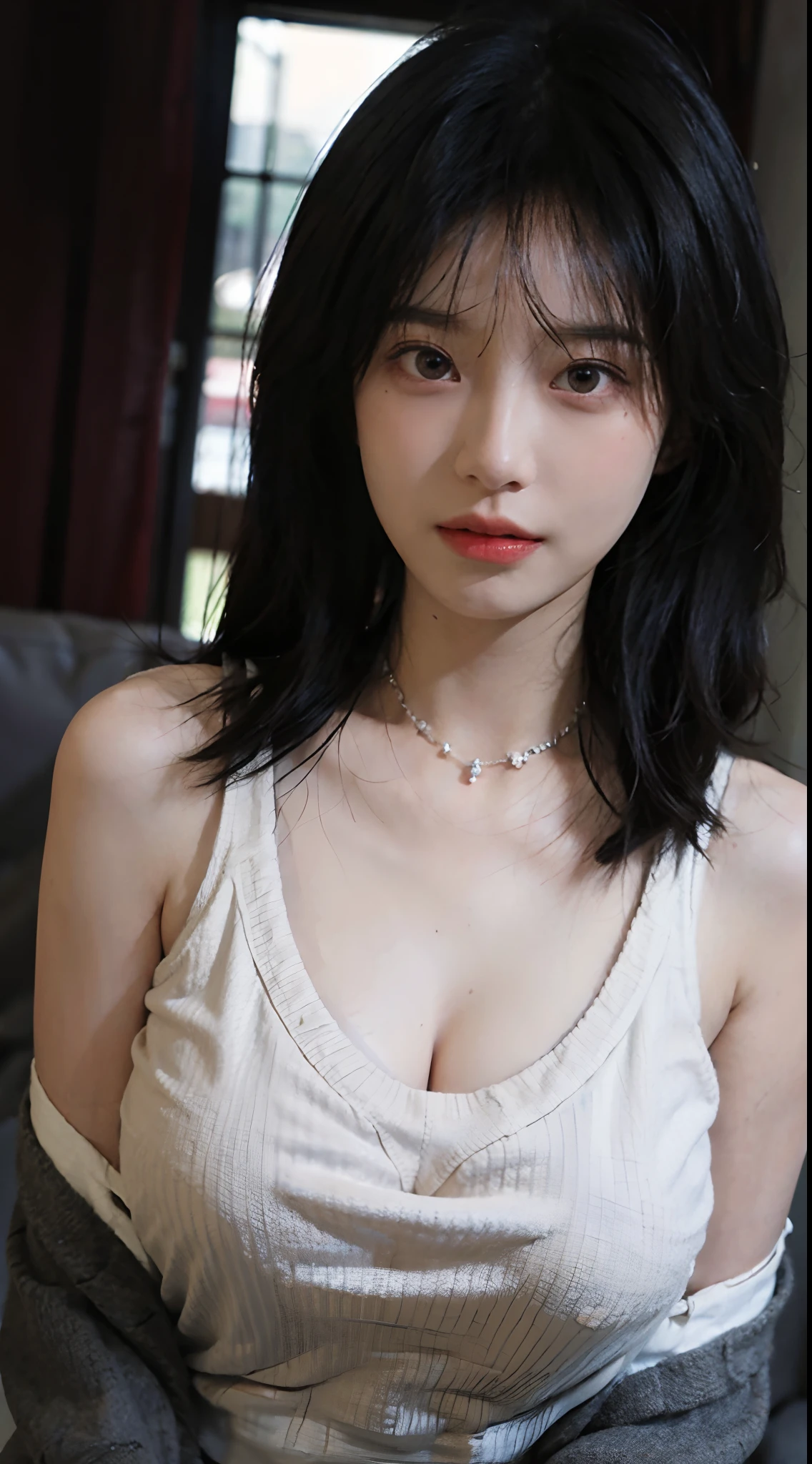 best qualtiy, 超高分辨率, (realisticlying:1.4),Baoyu Girl,1girll, with long coiled hair,Looking into the distance,gigantic cleavage breasts,Cropped red sweater,a sense of atmosphere,Beautiful woman with a slim figure:1.4, Abs,Ultra-fine face,Elaborate Eyes,二重まぶた,choker necklace