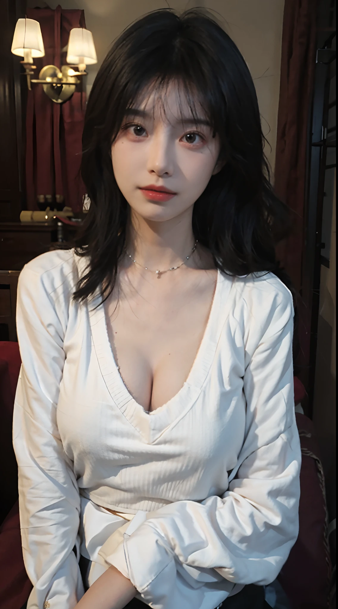 (masterpiece:1.2), realistic, photo of 18 y.o girl in a loose shirt(unbuttoned shirt), half, best quality, big breasts, Bare Shoulders, cleavage, nsfw, [[Hands hidden behind the back]], earrings, Complete shirts, black choker, solo, [sfw],