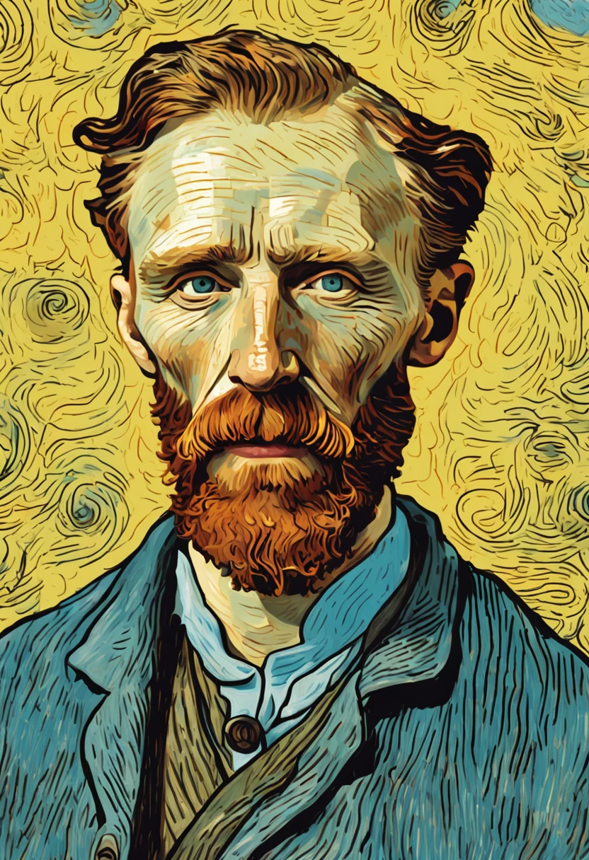 Vincent Van Gogh in San Francisco, looking at viewers, facing viewers, (eye contact with camera), looking at camera, perfect drawing, perfectly drawn face, high quality, cinematic quality, clear details, high definition, high resolution, photorealism, hyperrealism, professional photography, studio lighting, masterpiece, proportionate, well drawn, no deformities, accurately drawn, in the style of Van Gogh