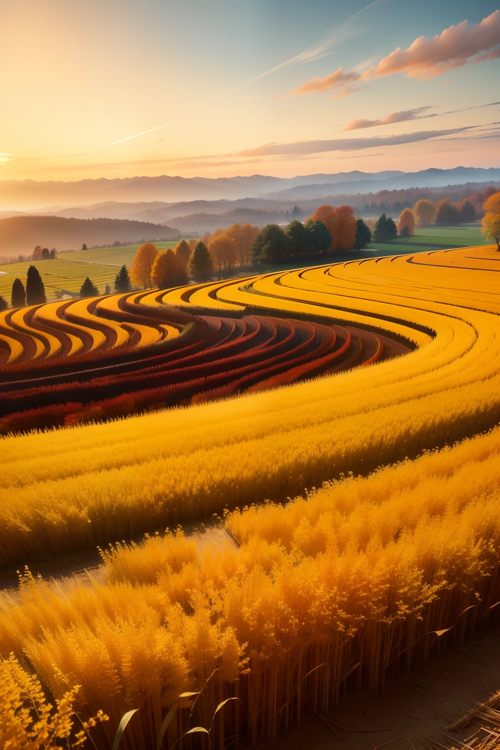 The stable diffusion model generates an autumn background image of a golden rice field。