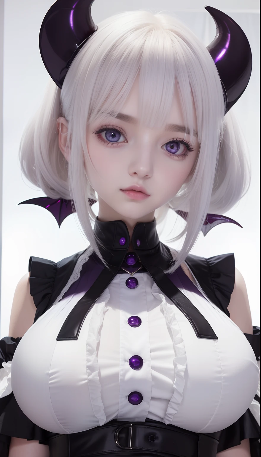 White delicate texture hair，Deep purple pupils，Large breasts with textured luster，Clothes cover the chest，This is a succubus beautiful girl