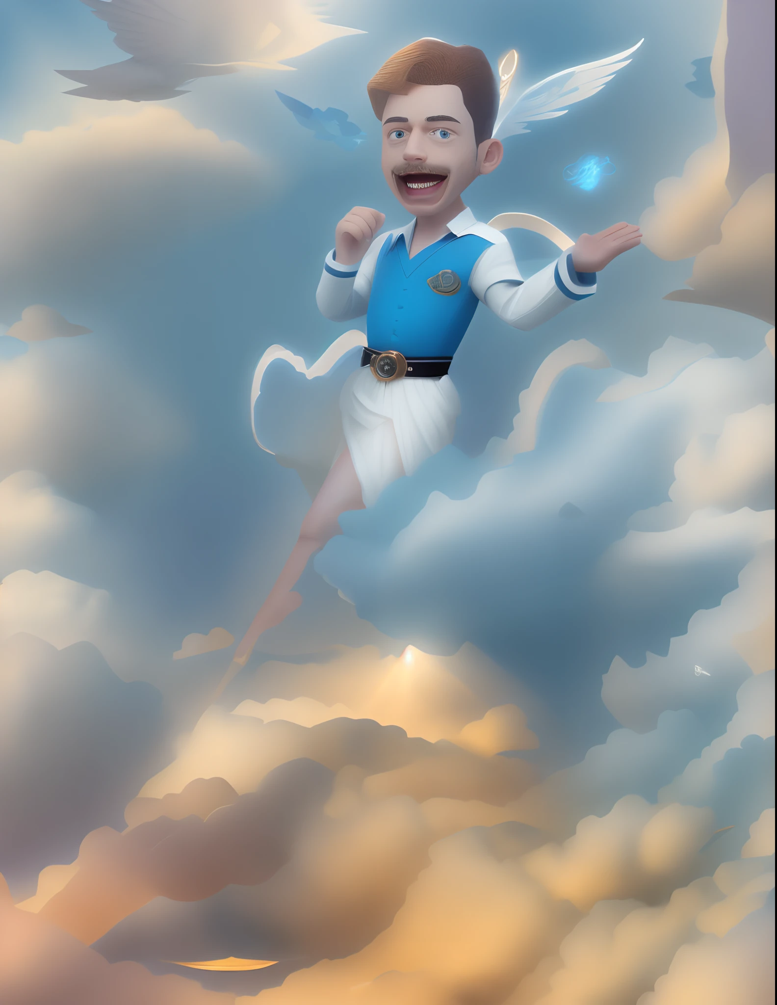 Gabriel diniz cantor brasileiro como um anjo divino, with magnificent wings of an archangel protruding from his shoulders, he's sitting on a cloud in the sky on a beautiful sunny day, olhando para baixo como se estivesse cantando para as pessoas na terra, Imposing archangel singing sitting on a cloud, imagem angelical, imagem de um anjo divino, inspirado em Ron English, arte de fundo, Arte Oficial, menino alado, arte digital estilizada, fantasy art smug smile man, arte oficial, 3 d render stylized, um retrato do personagem, Arcanjo Poderoso, halo, (grandes asas brancas majestosas:1.3), nuvens fofas, vibrant blue sky, Olhos detalhados, olhando para baixo, sombreamento extremamente detalhado, 8k