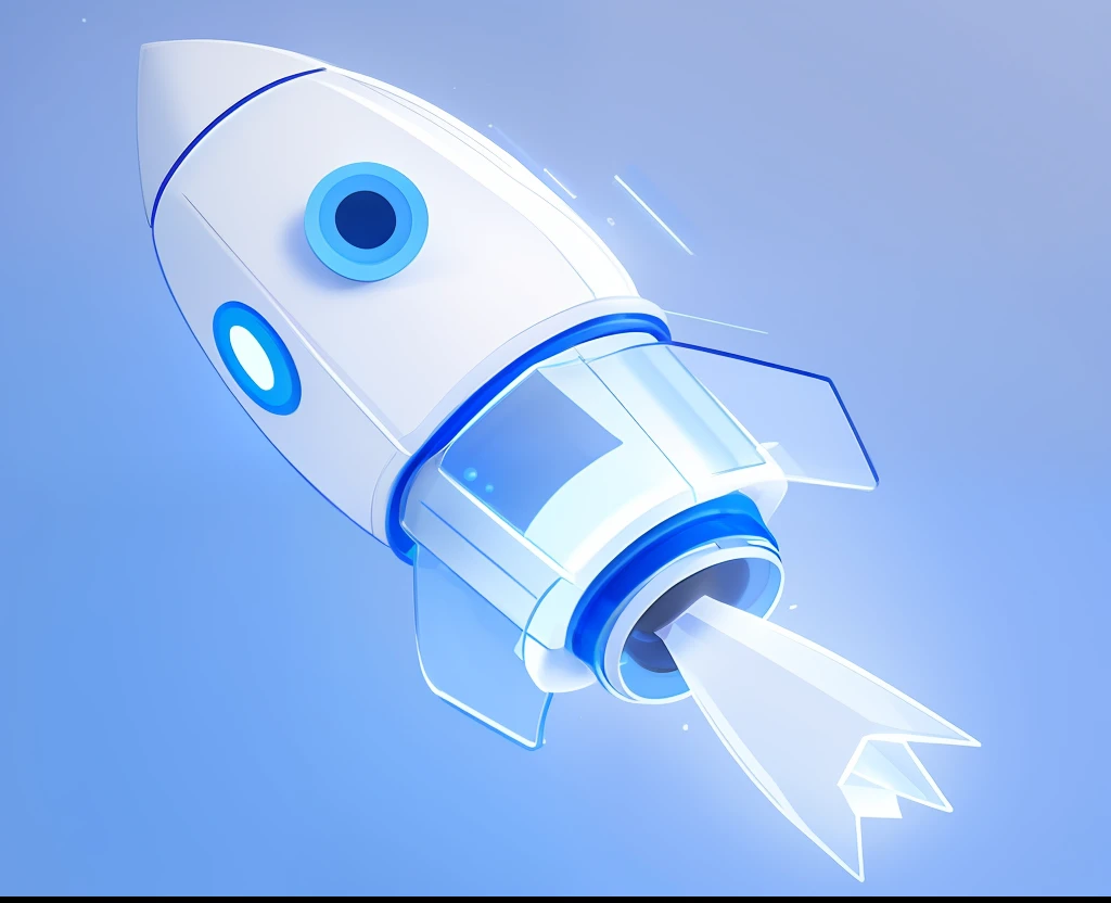 3D icon,Rocket model, frosted glass, 3D rendering, C4D, clean style, reduced details, white, blue, industrial room lighting, white background, master quality