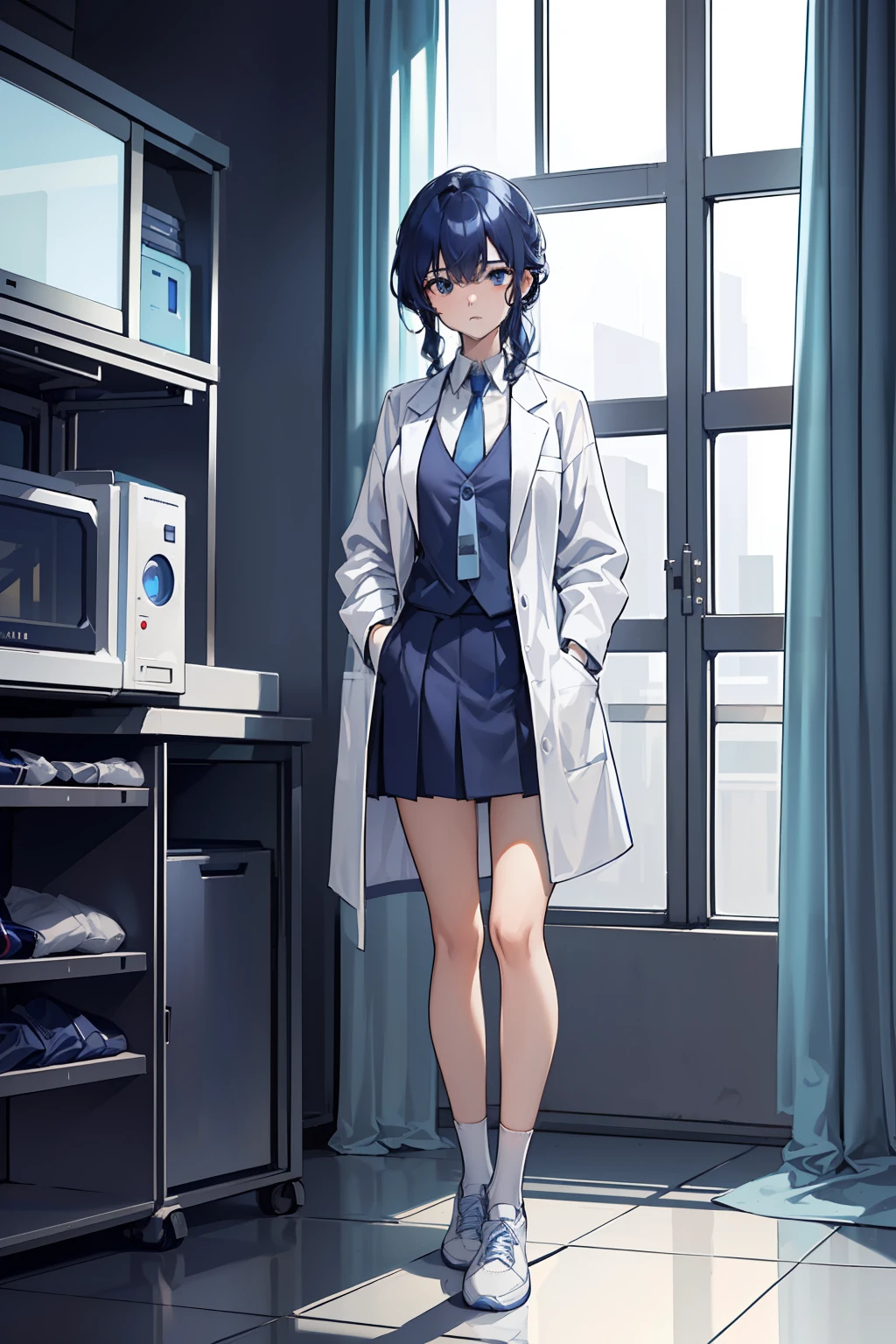 One girl、Look far away:1.4, (naturalbody、Full body, full body Esbian, Standing, upright posture), (top-quality、8K、​masterpiece、超A high resolution)、Blue hair that grows to the shoulders、(hair wavy)、Put your hands in your pockets、Hakase(daily),((wearing lab coat、Fasten a light blue tie、Wear a shirt under a lab coat、She wears a navy blue skirt, White stockings reaching her inseam, And blue sneakers.)), 10 generations、Dark circles in the eyes,Serious,