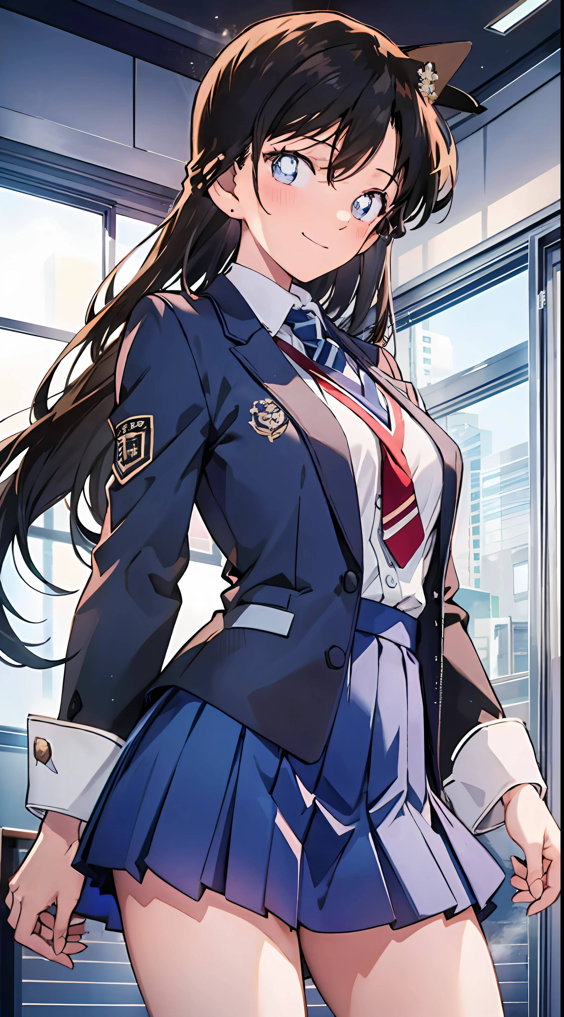 top-quality,Masterpiece,​masterpiece,8k,high-level image quality,High pixel count,1人の女性,1girl,独奏,without background,White background,Maori land,a smile,Dark blue eyes,A dark-haired,Long,straight haired,Dark blue jacket,Closed jacket,Dark blue skirt,(School Uniforms,student clothes),,full bodyesbian,is standing,facing front,cowboy  shot,