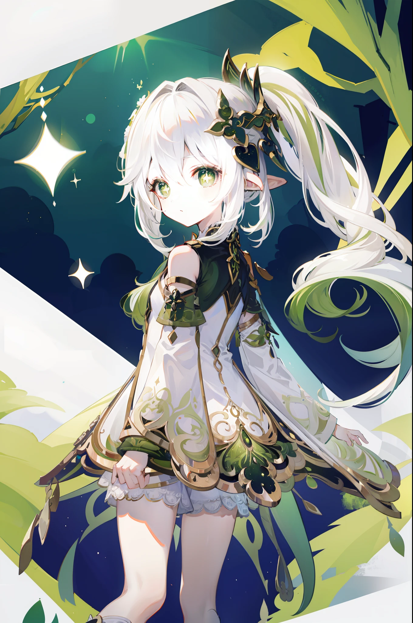 Nahida_Genshin,(White hair),cross-shaped pupils,default_dress,Green cape,